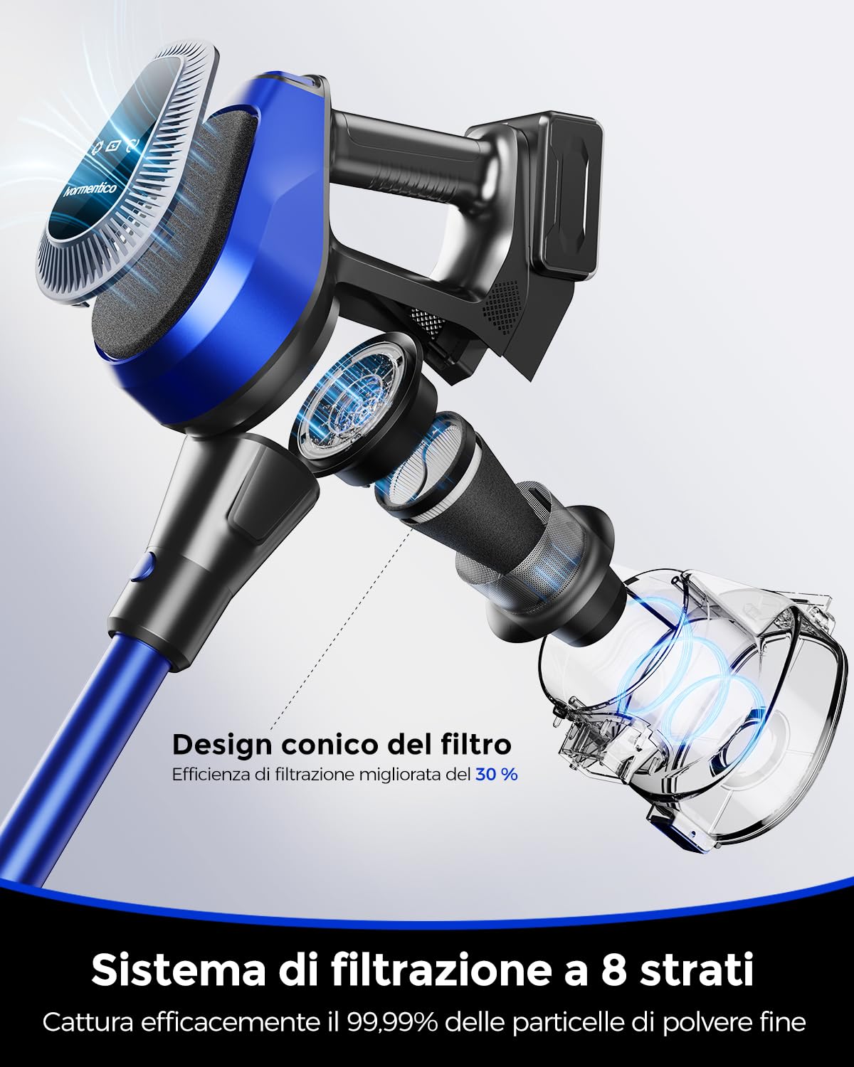 50Min Aspirapolvere Senza Fili Potente, 550W Scopa Elettrica Senza Fili, 50KPA Scopa Elettrica, 1,5 L Contenitore per la Polvere Aspirapolvere Senza Fili, Aspirapolvere Con filtro a 8 strati, Blu