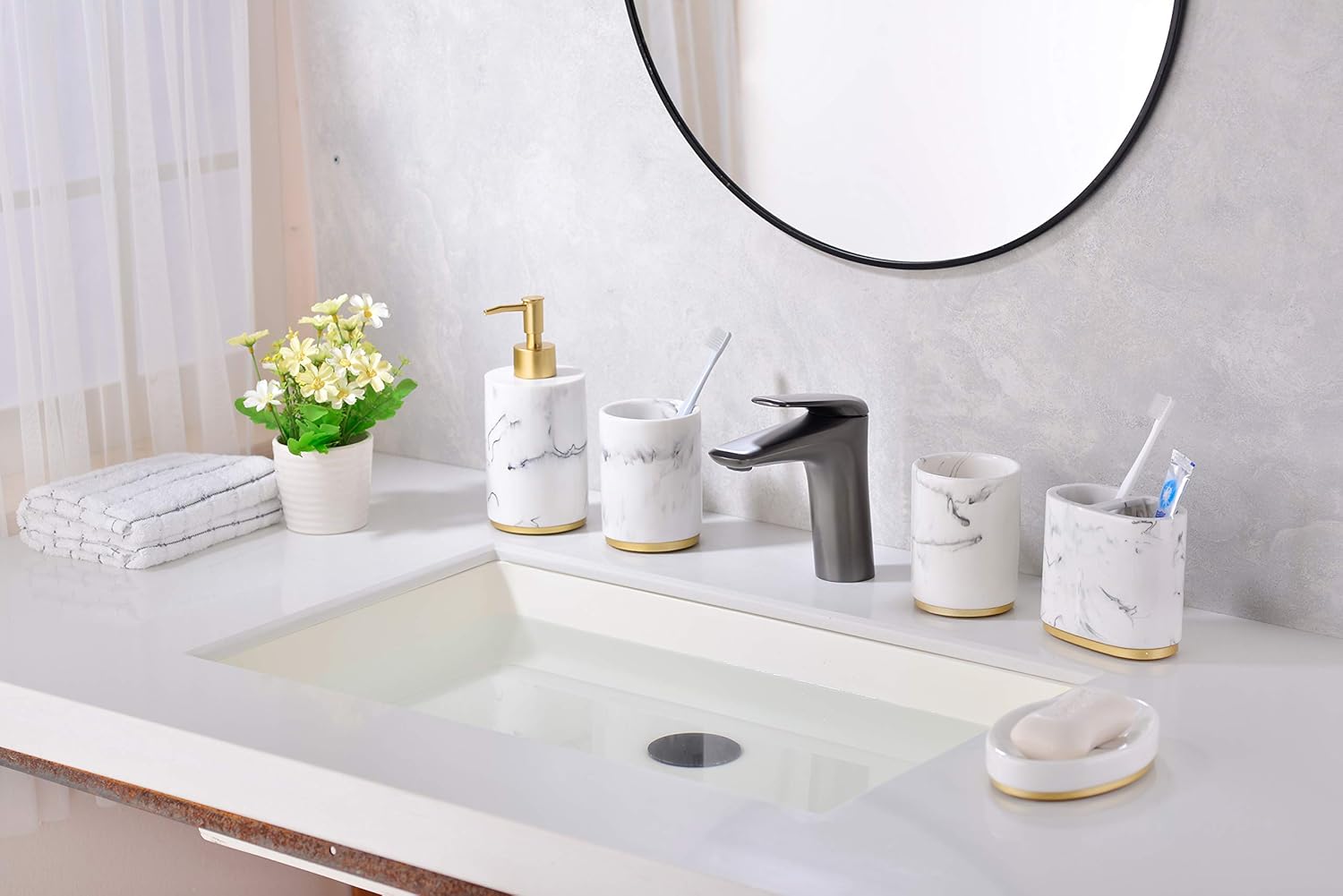 Bathroom Accessories Set 5 Piece, Resin Bathroom Set White and Gold Accessories with Toothbrush Holder, Soap Dispenser, Soap Dish, Tumbler Cup, Marble Pattern Bathroom Gift Set