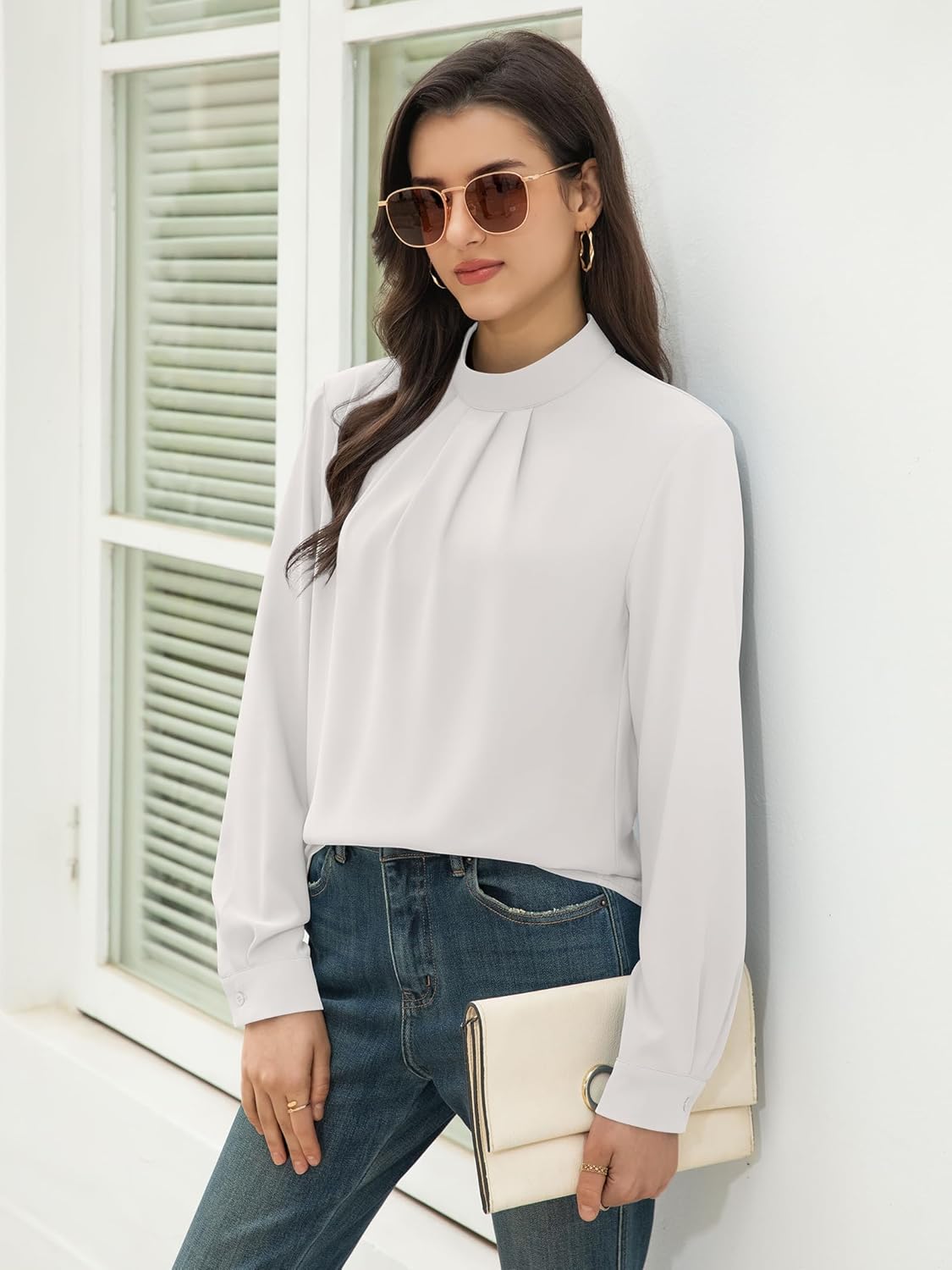 Funlingo Women's Long Sleeve Tops Dressy Casual Mock Neck Work Blouse Fall Trendy Front Pleated Tunic Chiffon Shirts - Image 4