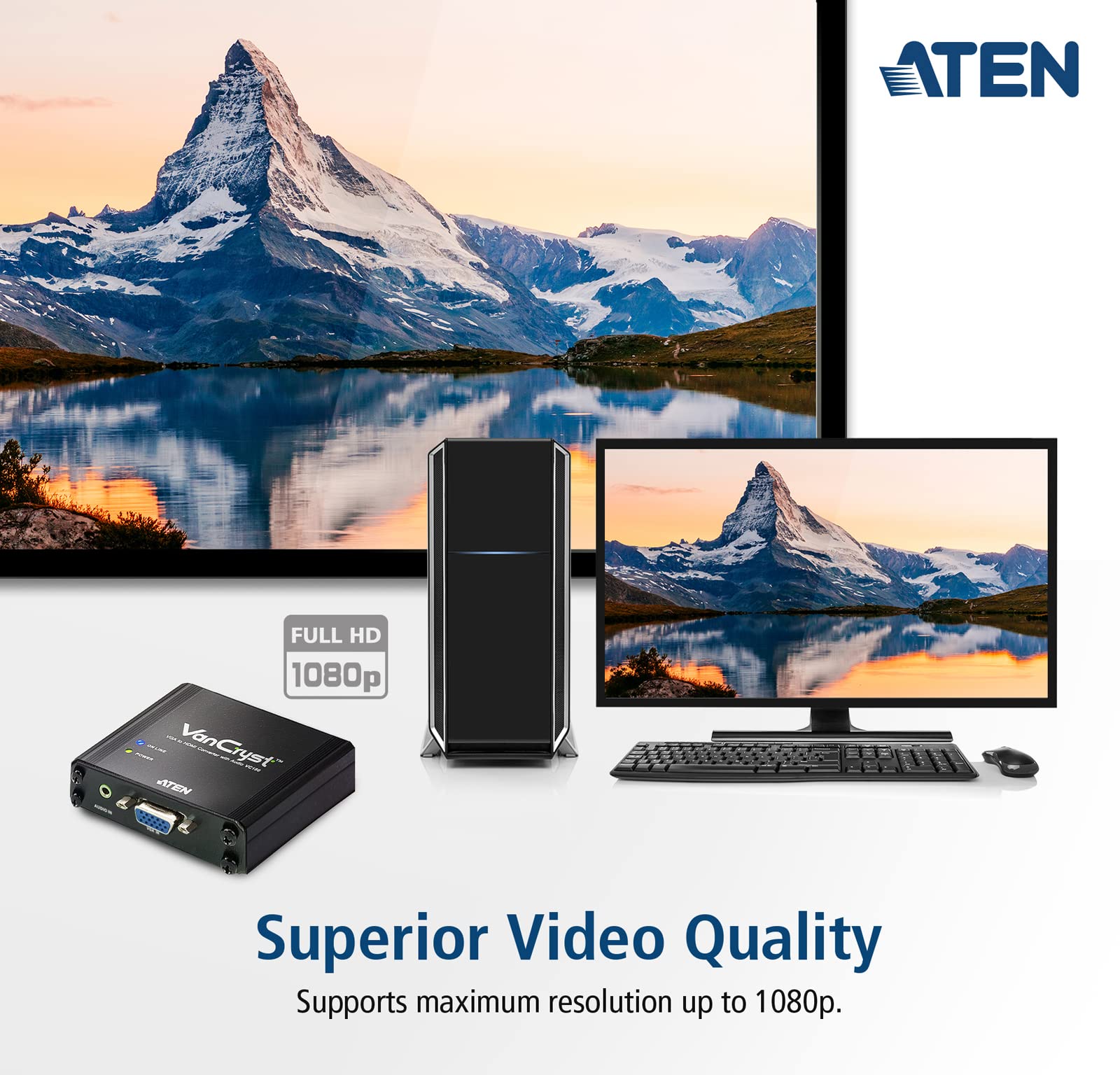ATEN CONV./BOOST VGA TO HDMI AUDIO/VIDEO CONVERTER (VC180-AT VGA, HDMI, 165MHZ, 1080P, DC 5.3V, 3.2W, 150G