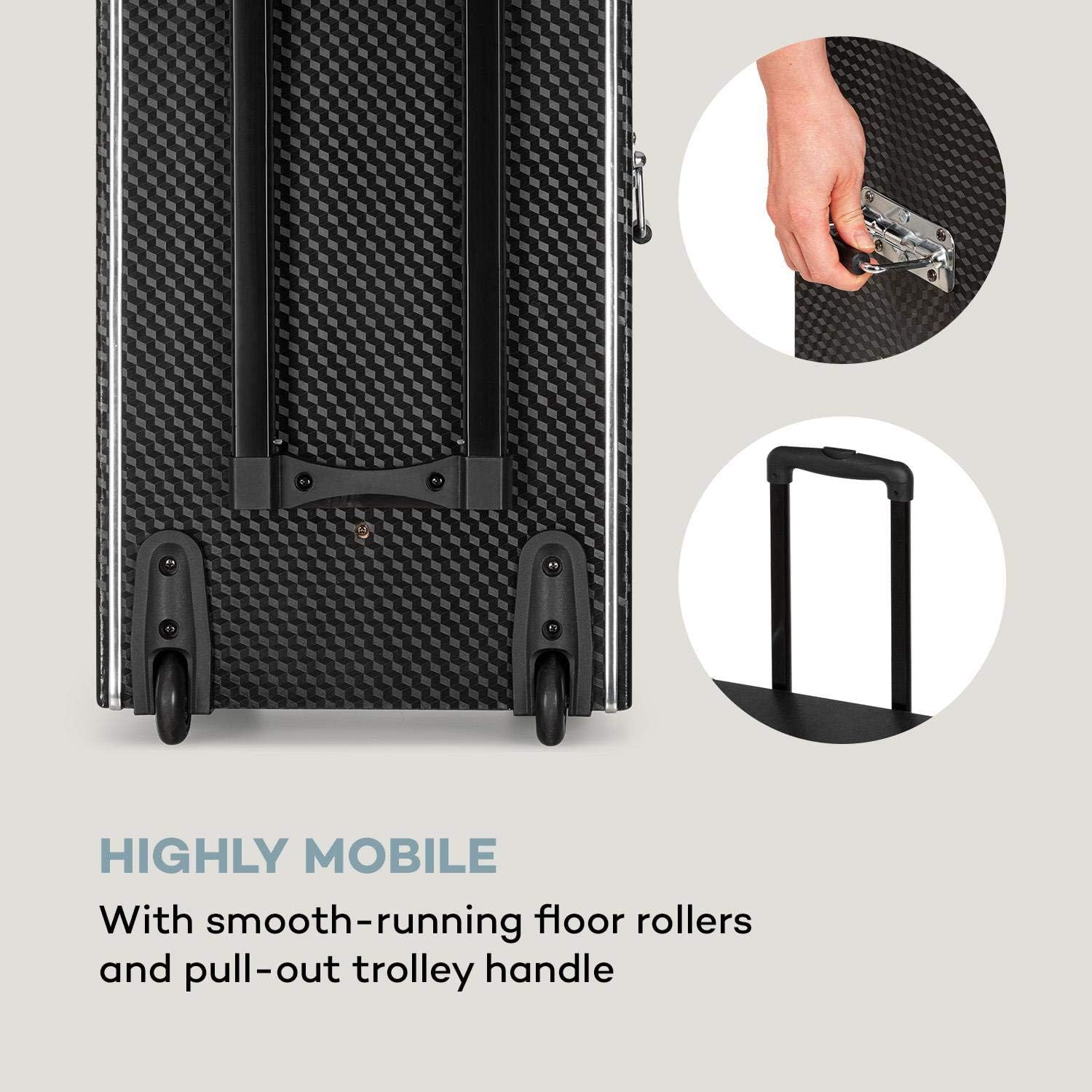 Bottom of the auna pro DisGo Box DVD PA system showing wheels and the extended trolley handle, emphasizing mobility.