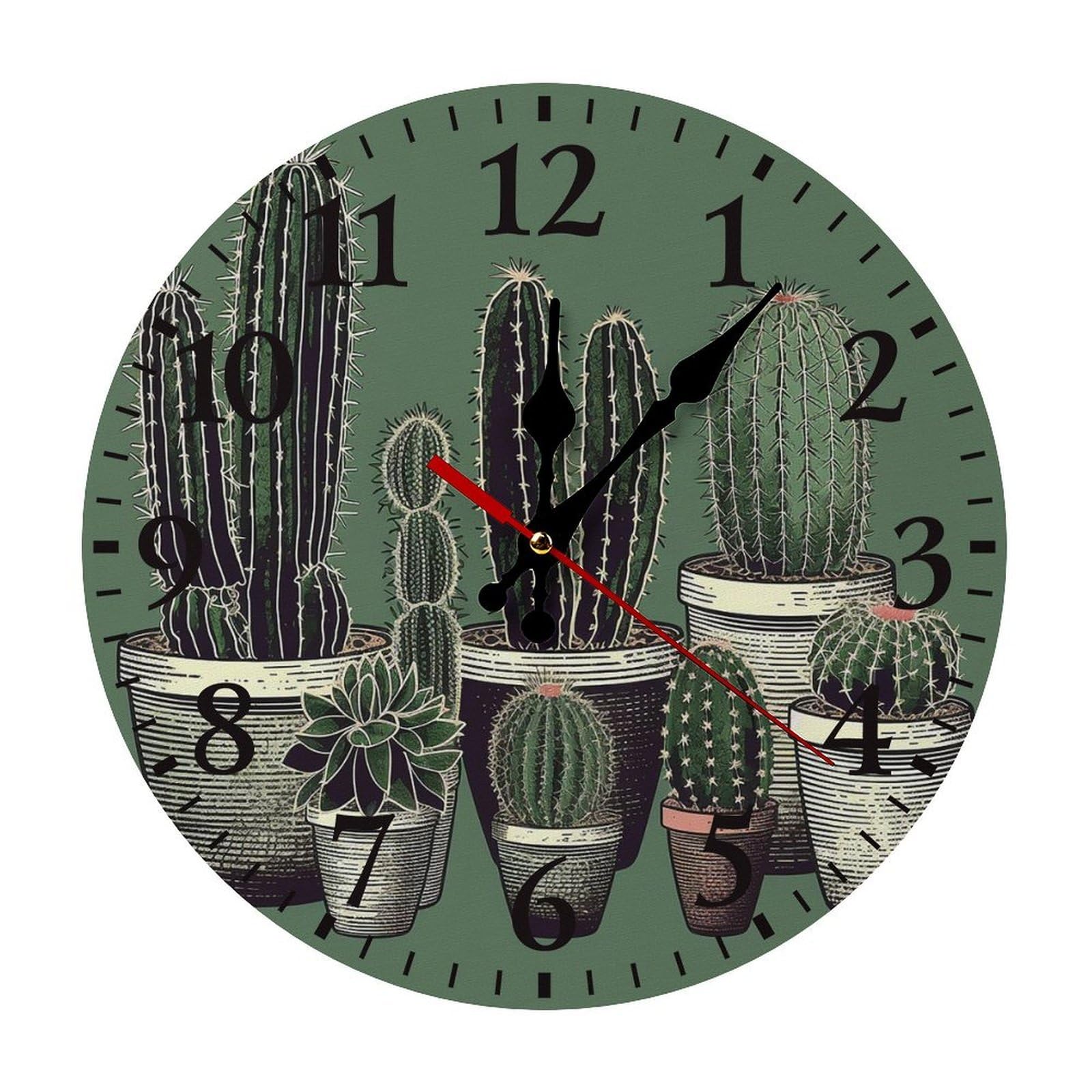 NTVOWPZO 10 Inch Wall Clock Green Cactus Battery Operated Wall Clocks Silent Non-Ticking Round Wall Clock for Living Room Kitchen Home Office Wall Decorative Clock