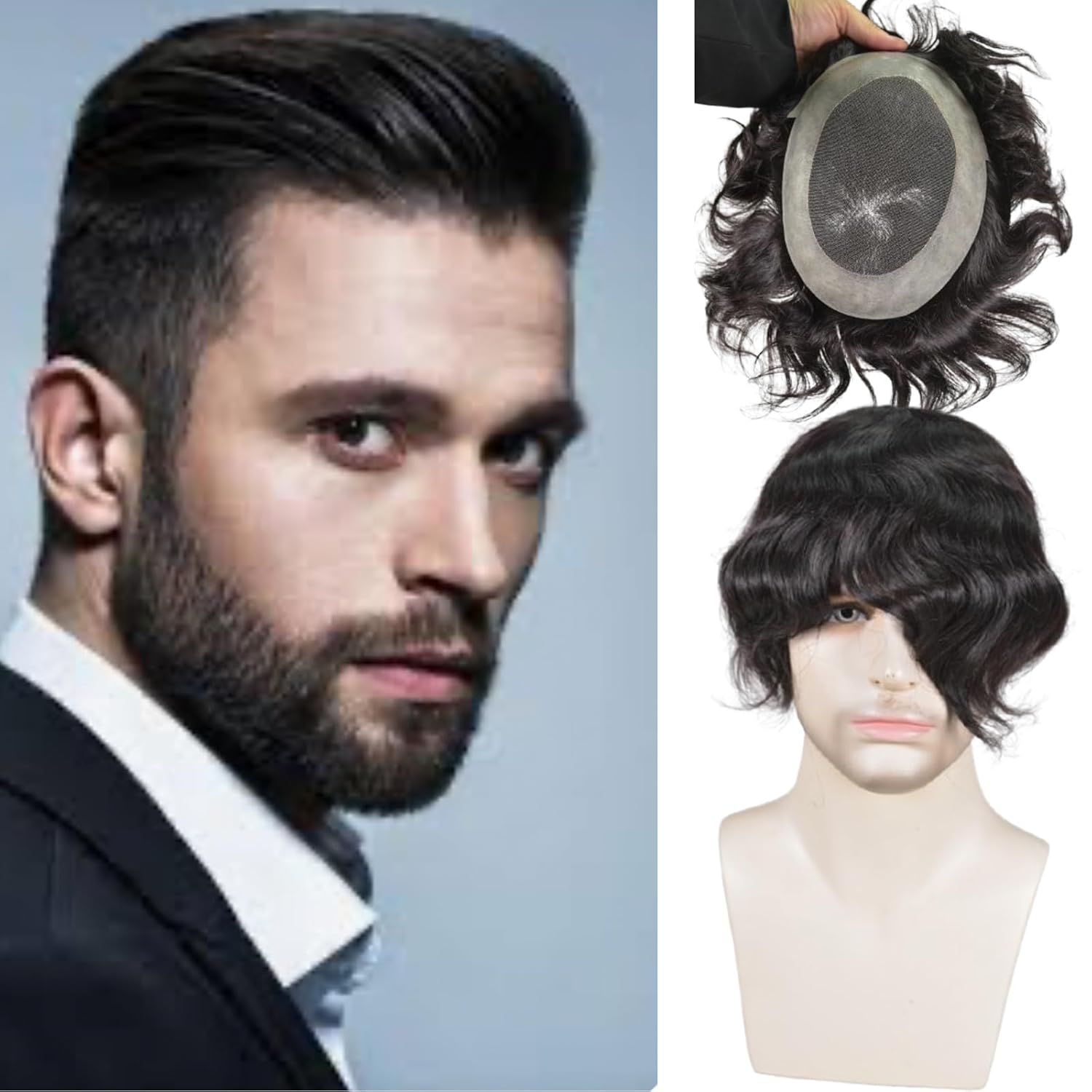 Men’s Toupee 100% Human Hair French Lace Center PU Around Hair Replacement System for Men Natural Hairline 10x8Inches 6 Inch Hair Medium Density #7 Light Brown Color