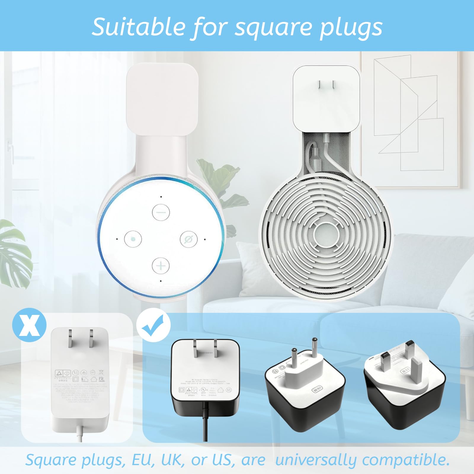 Supporto da parete per prese elettriche con gestione cavi acrilico per Echo Dot 3a generazione bianco