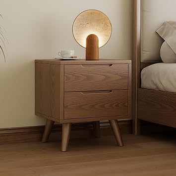 Solid Wood Bedside Tables, Single/Double Drawers, Simple lockers for bedrooms, Living Rooms and Small Spaces, Walnut Color Double-Drawer