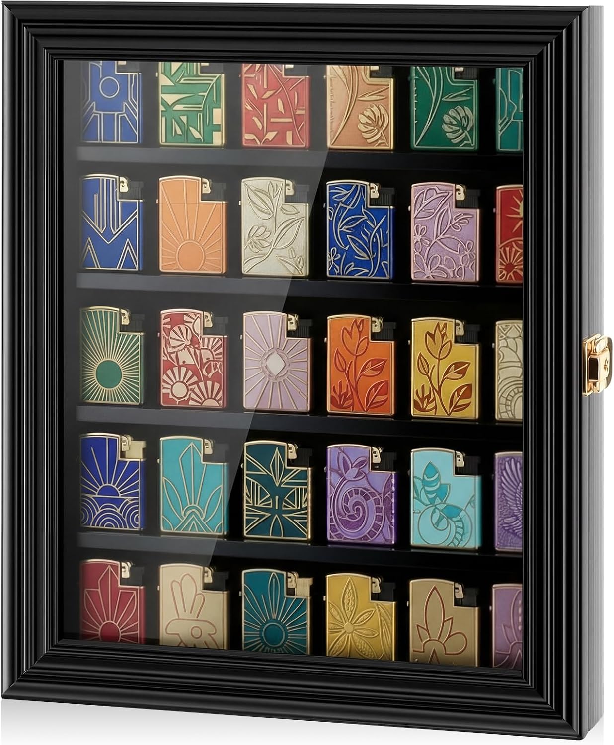 30 Lighter Display Case Wall Mount Display Case for Lighter Detachable Wooden Cabinet W/98% UV Protection Acrylic Door Lockable Storage Box for Collection, 11.5x13.78x1.57 Inch, Black Finish