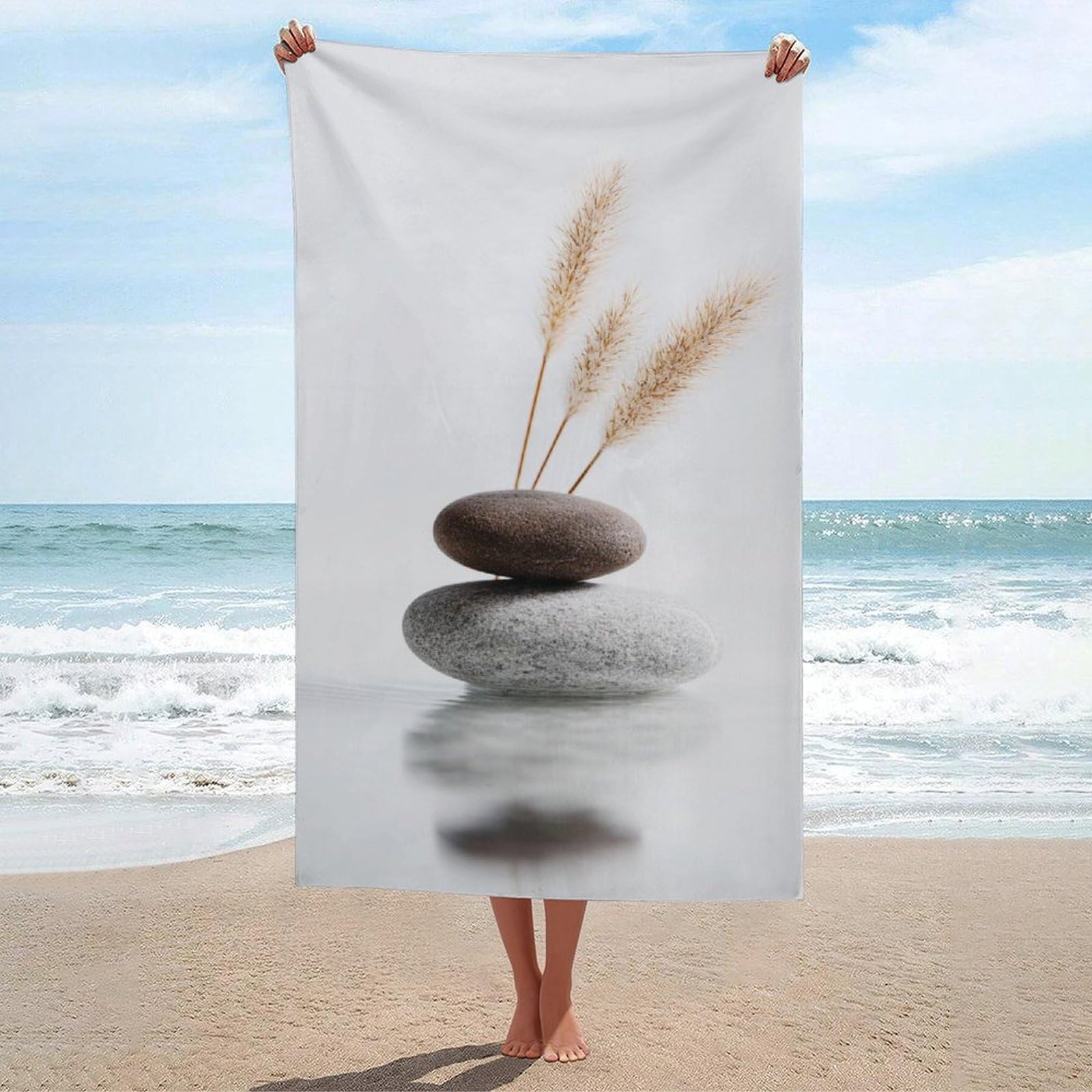 asbwuo Stacked Pebbles and Dry Pampas Grass Blades Beach Towel