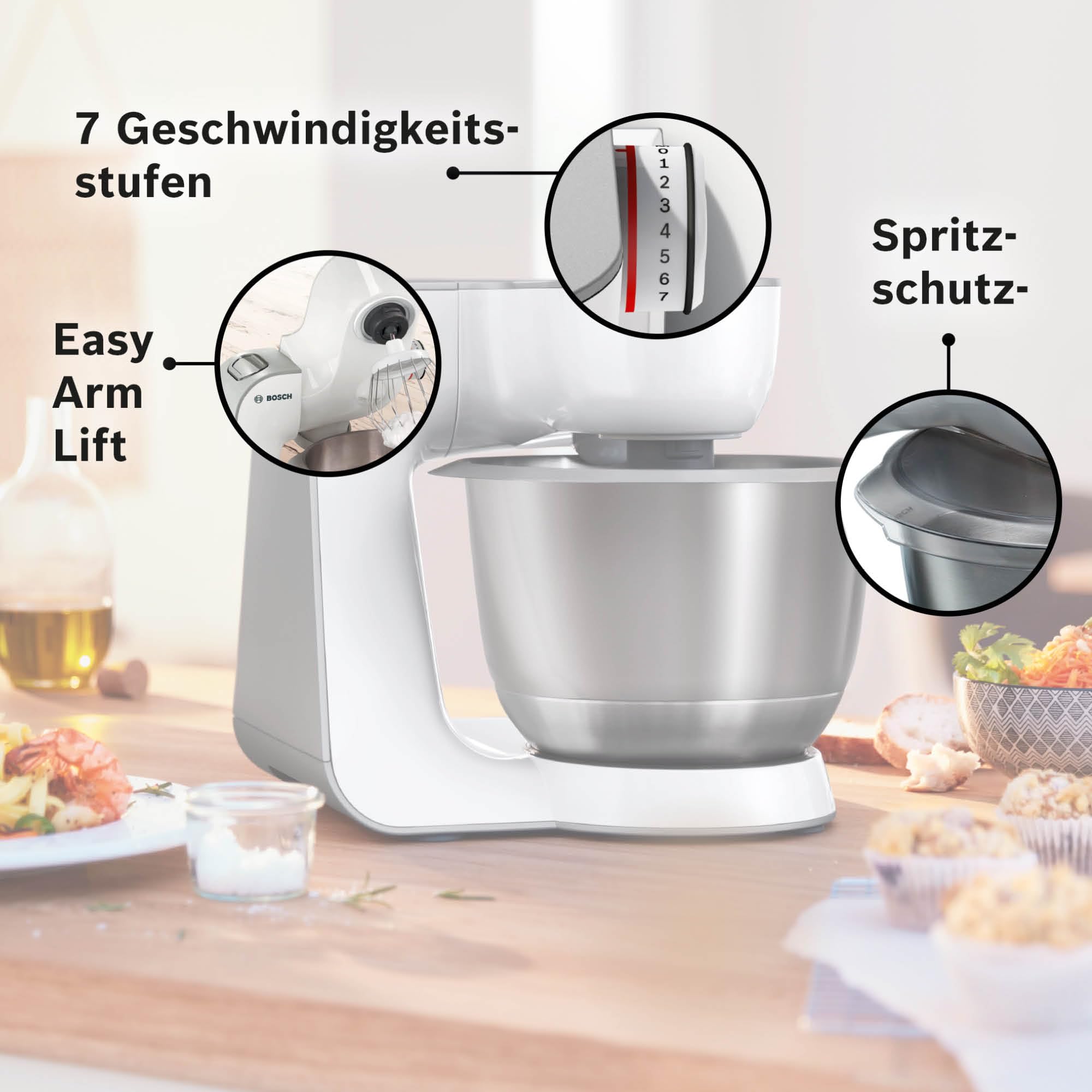 Bosch Küchenmaschine Serie 4, Edelstahl-Schüssel 3,9 L, Patisserie-Set Edelstahl, Knethaken, Schlagbesen, Rührbesen, Durchlaufschnitzler, 3 Scheiben, 1000 W, weiß/silber, MUM58210