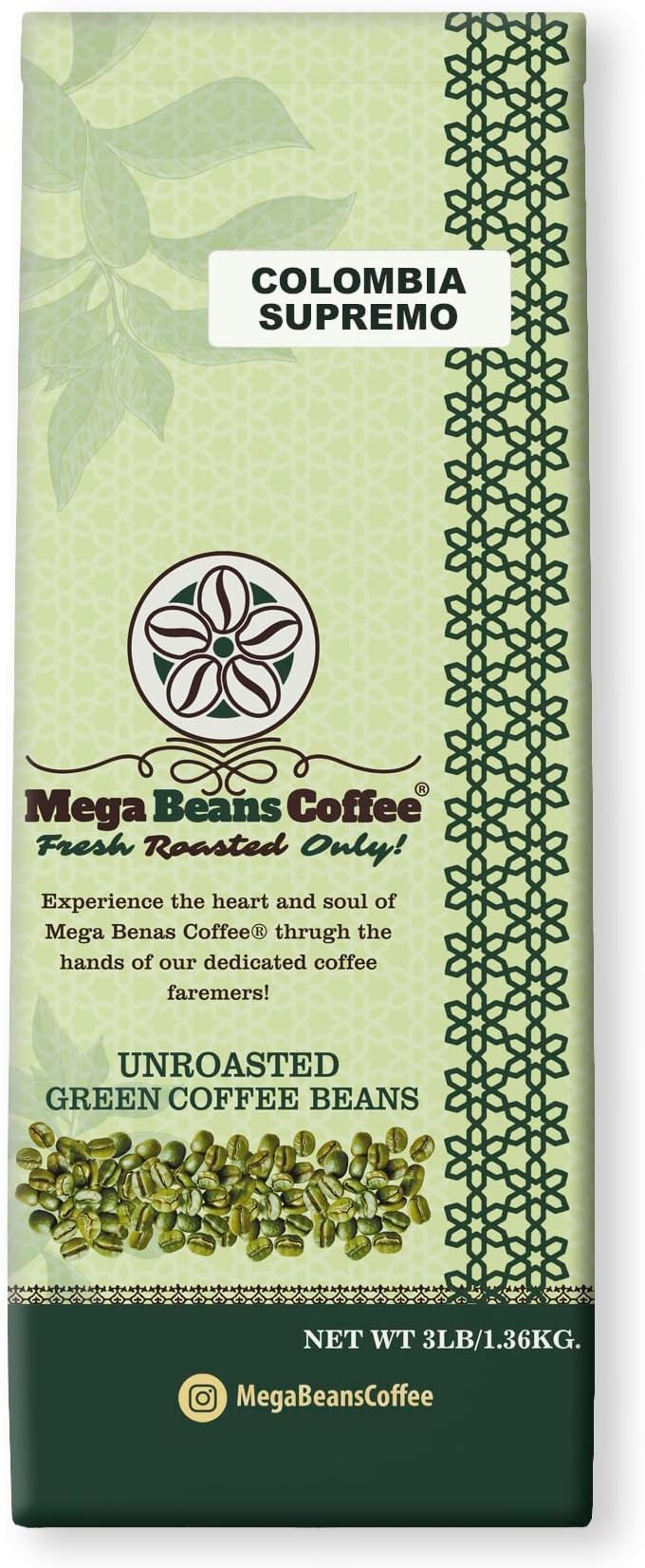 Unroasted Green Coffee Beans, Mega Beans Coffee, Specialty Grade Green Coffee Beans. (3 LB, Colombia Supremo 3 Lb)