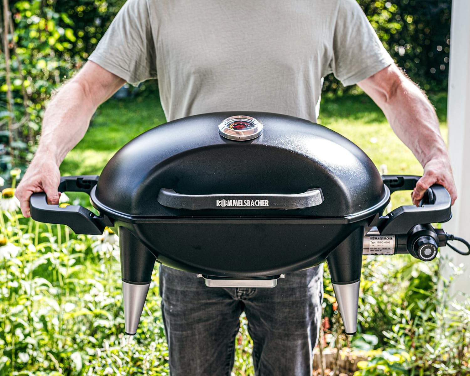 ROMMELSBACHER Barbecue Grill BBQ 4000, 2 pezzi, griglia in ghisa, coperchio a cerniera con indicatore di temperatura, temperatura fino a 300 °C, espandibile con carrello per barbecue, 2200 W