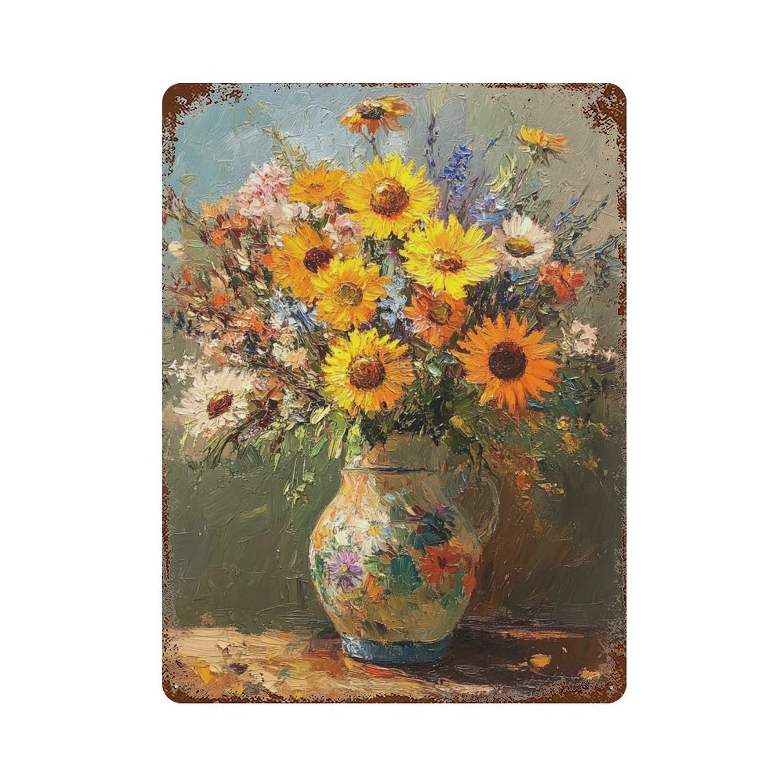 Sunflower Bouquet Oil Painting Retro Metal Sign 15.7"x11.8", for Pub, Kitchen And Man Cave Decor, Retro Wall Decor