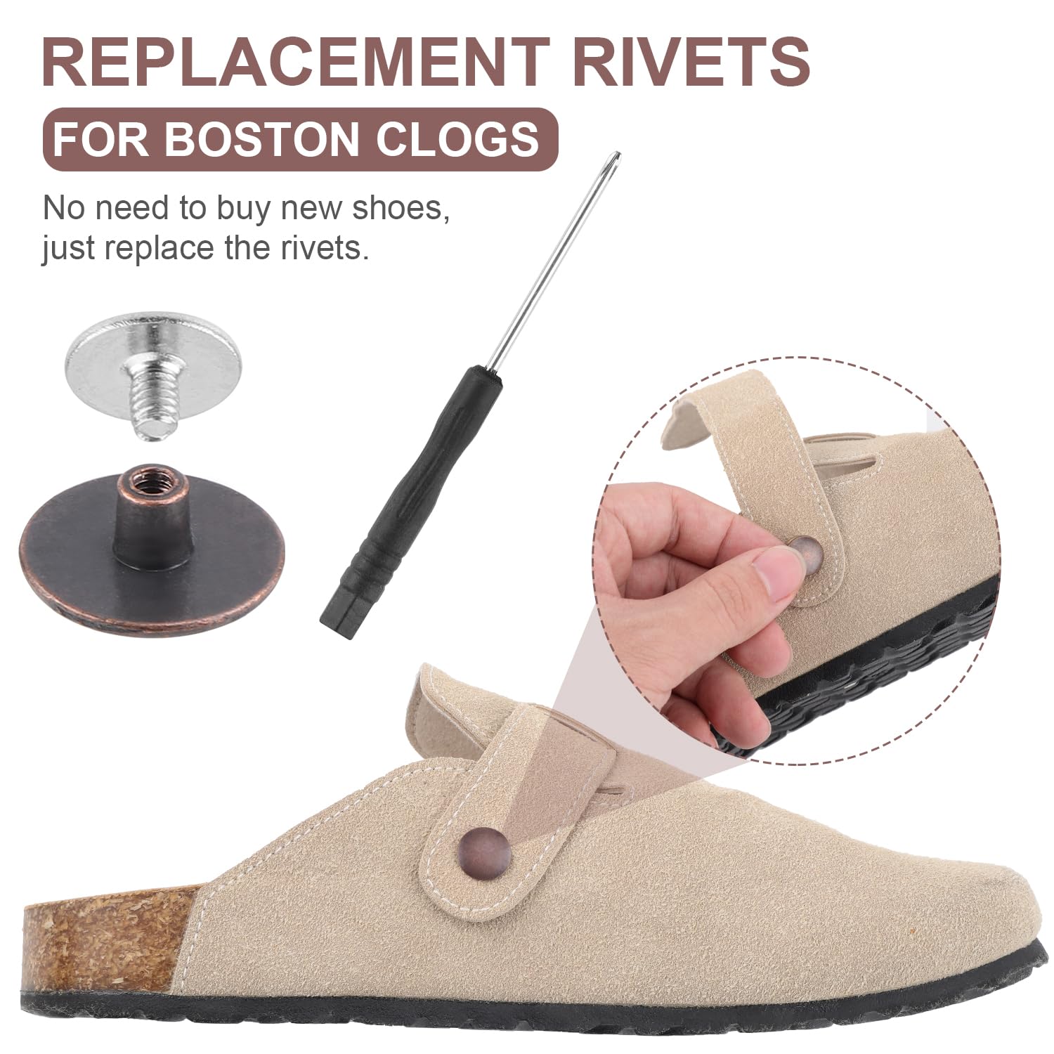 Gosknor 4stk Ersatznieten für Boston Clogs, Einfache Installation Riemenknopfersatz Kompatibel mit Boston-Fußbett-Clogs mit Schraubendreher und Schrauben für Damen Herren (Rotbronze)