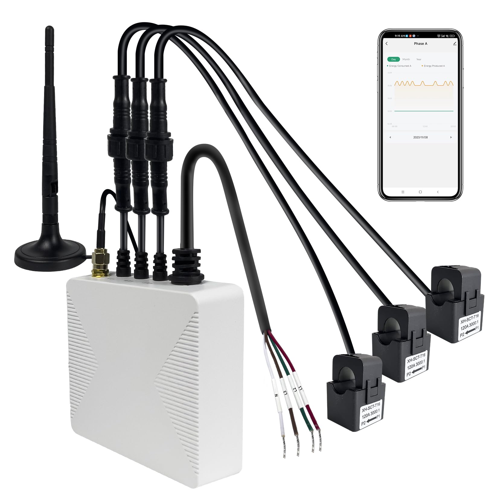 OWON 3 Fasi WiFi Smart Home Energy Monitor, Monitor di Elettricità in Tempo Reale, Contatore, 3 Fasi Morsetto Metro con 3 Sensori 120A