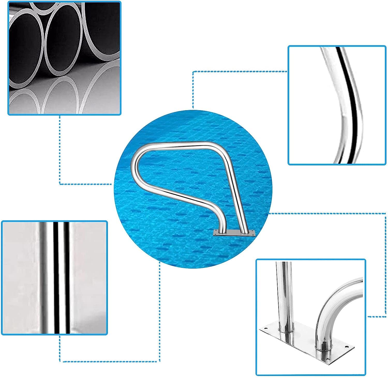 Barandilla para Piscina,Riel de Mano de fácil Montaje, riel de Escalera de Piscina de Acero Inoxidable 304 con Placa Base, 32" x 22.5"