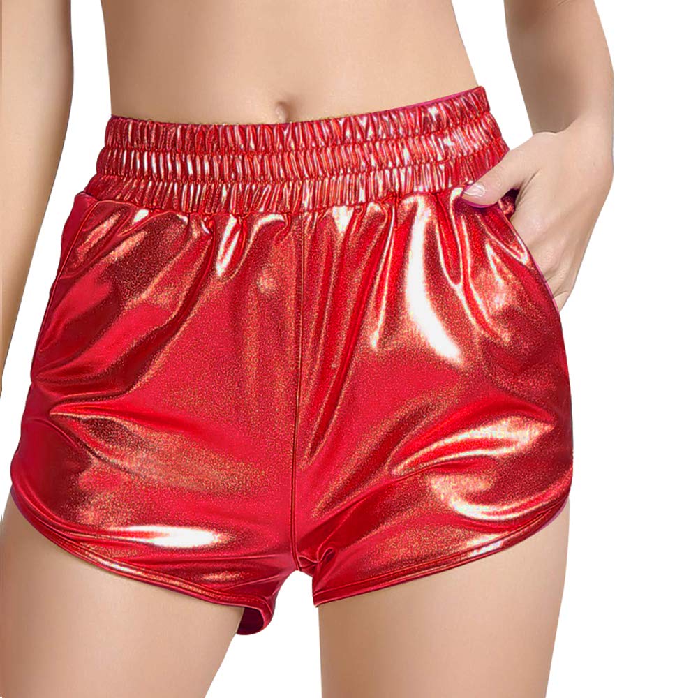 Women's Yoga Hot Shorts Elastic Waist Shiny Metallic Short Pants