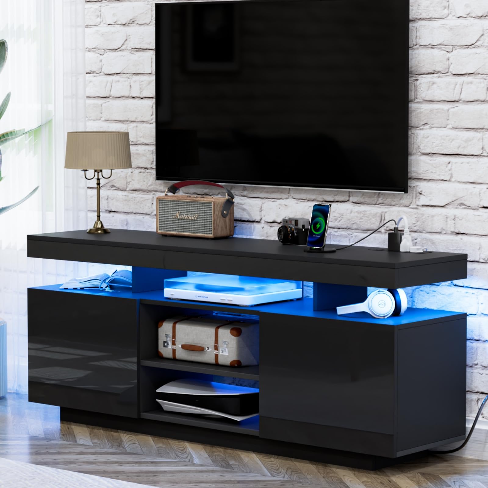 HOMMPA Modern LED TV Stand for 65/60/55 inch TV with Power Outlets - Gaming Console Storage Entertainment Center with LED Lights - Black