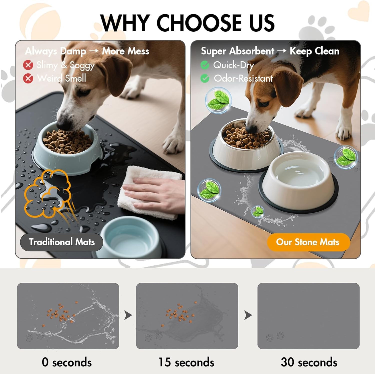 Newest Diatomite Stone Pet Feeding Mat for Dog&Cat–Super Absorbent Diatomite Fast Drying Stone Dog Food Mat, Quick Dry Dog Mats for Food and Water with Non-Slip Pad (24×16'', Dark Gray, Square)