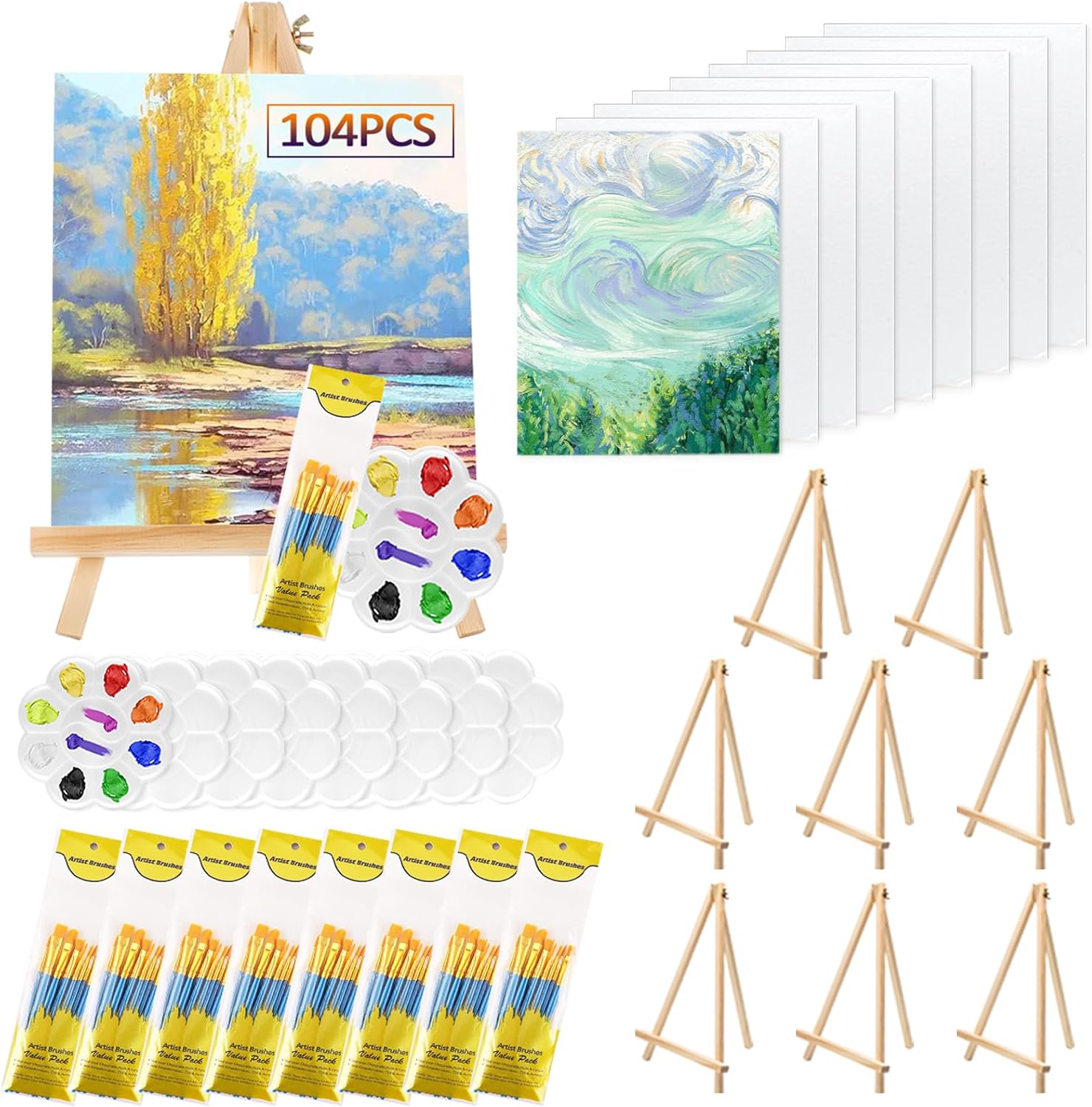 Rabbitale 260 Pcs Art Painting Kit Supplies Set for to Party - 20 Packs of 200 Brushes, 20 Wood Easels(8 * 12in), 20 Canvas Panels(8 * 10in) & 20 Palettes(5in), No Paint