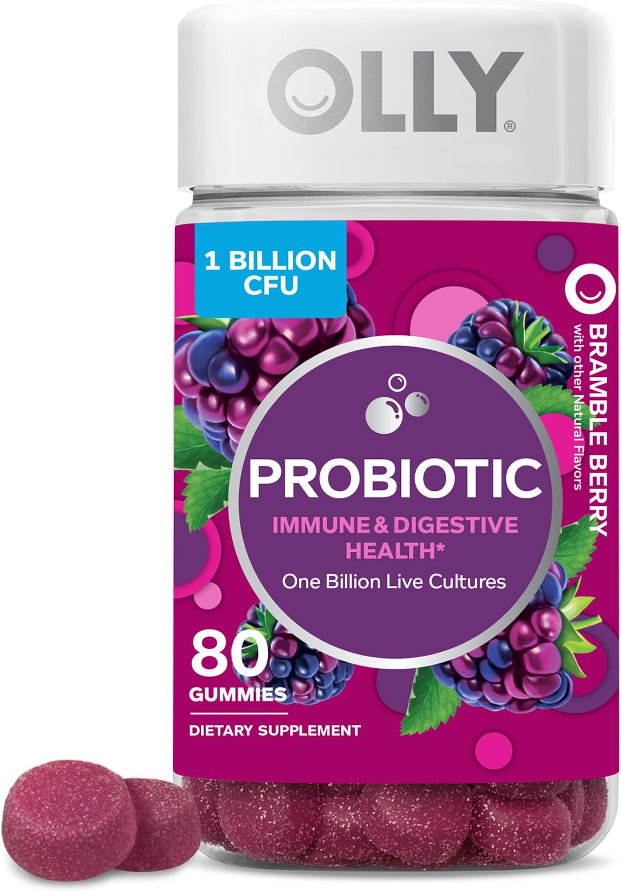 OLLYProbiotic Gummy, Immune and Digestive Support, 1 Billion CFUs, Chewable Probiotic Supplement, Berry, 40 Day Supply - 80 Count