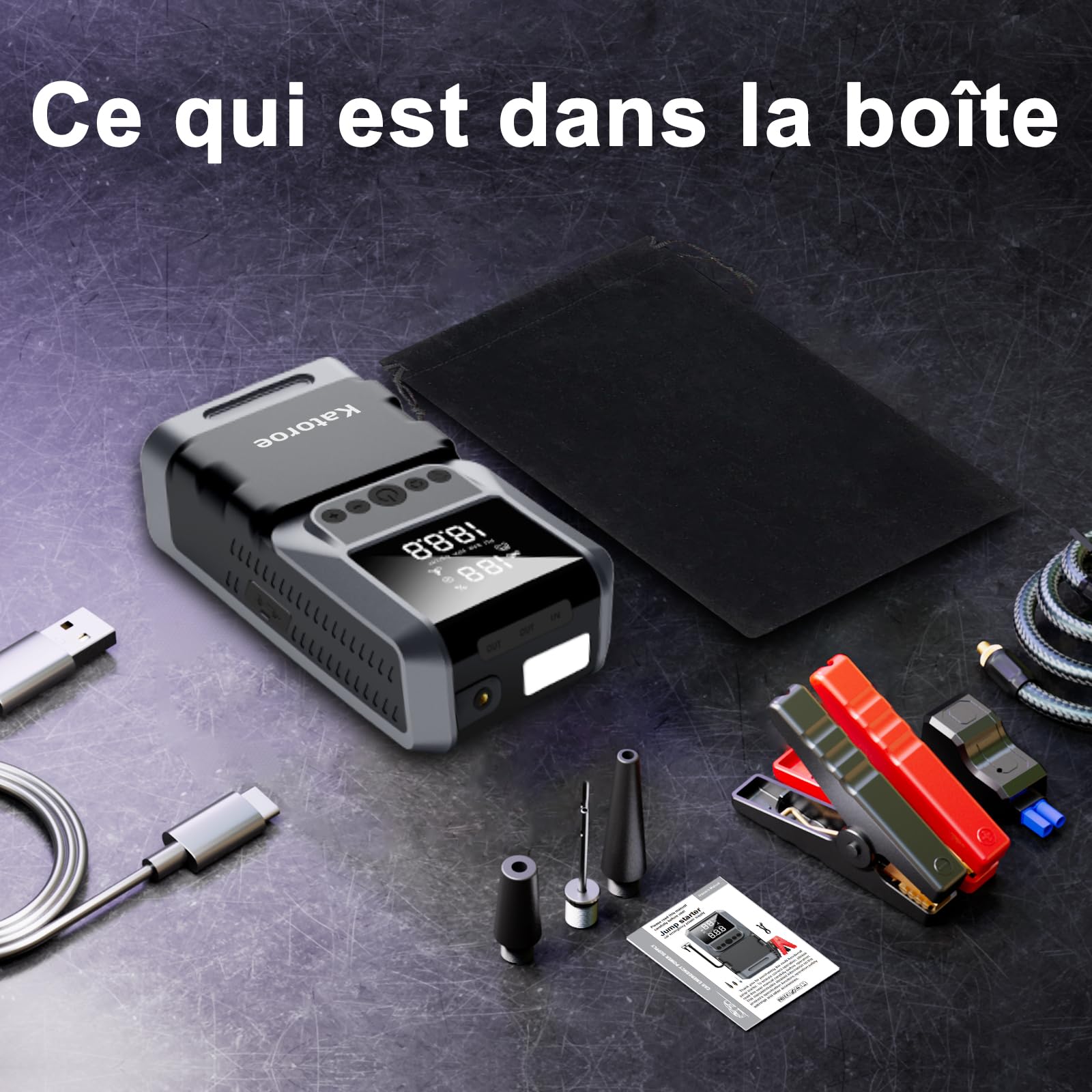 Booster Batterie avec Compresseur, 6000A Démarreur Batterie Voiture, 150PSI Gonfleur de Pneus, 12V Jump Starter, 10L Gaz ou 10L Diesel, Écran LED, Eclairage de Secours