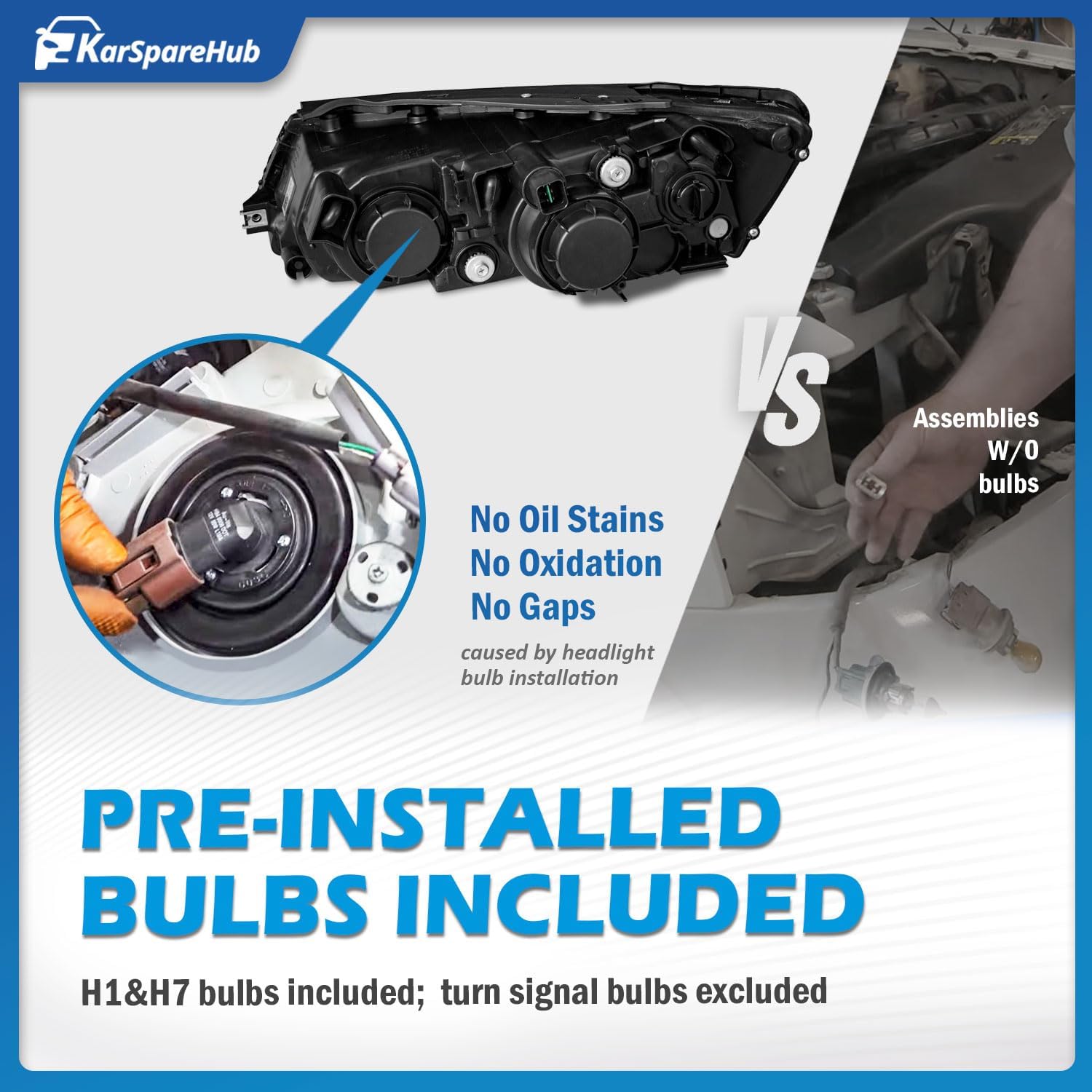 for 2006-2008 Hyundai Sonata Headlight Assembly Pair Replacement for 06 07 08 Sonata Black Housing Amber Reflector with Bulbs