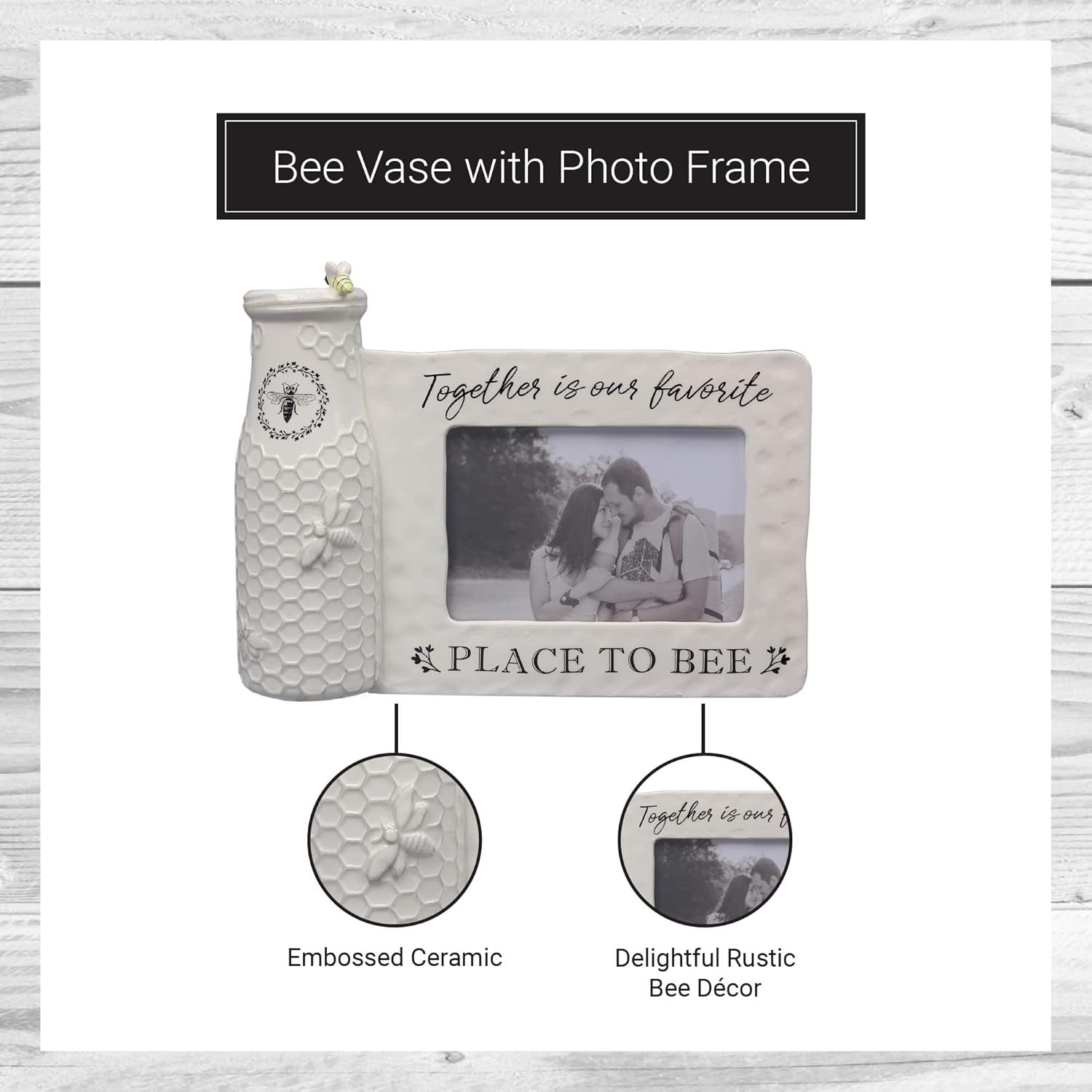 youngs Inc Ceramic Bee Vase w/Photo Frame, White, Black, 11.25" Length x 3.00" Width x 8.00" Height - Image 7