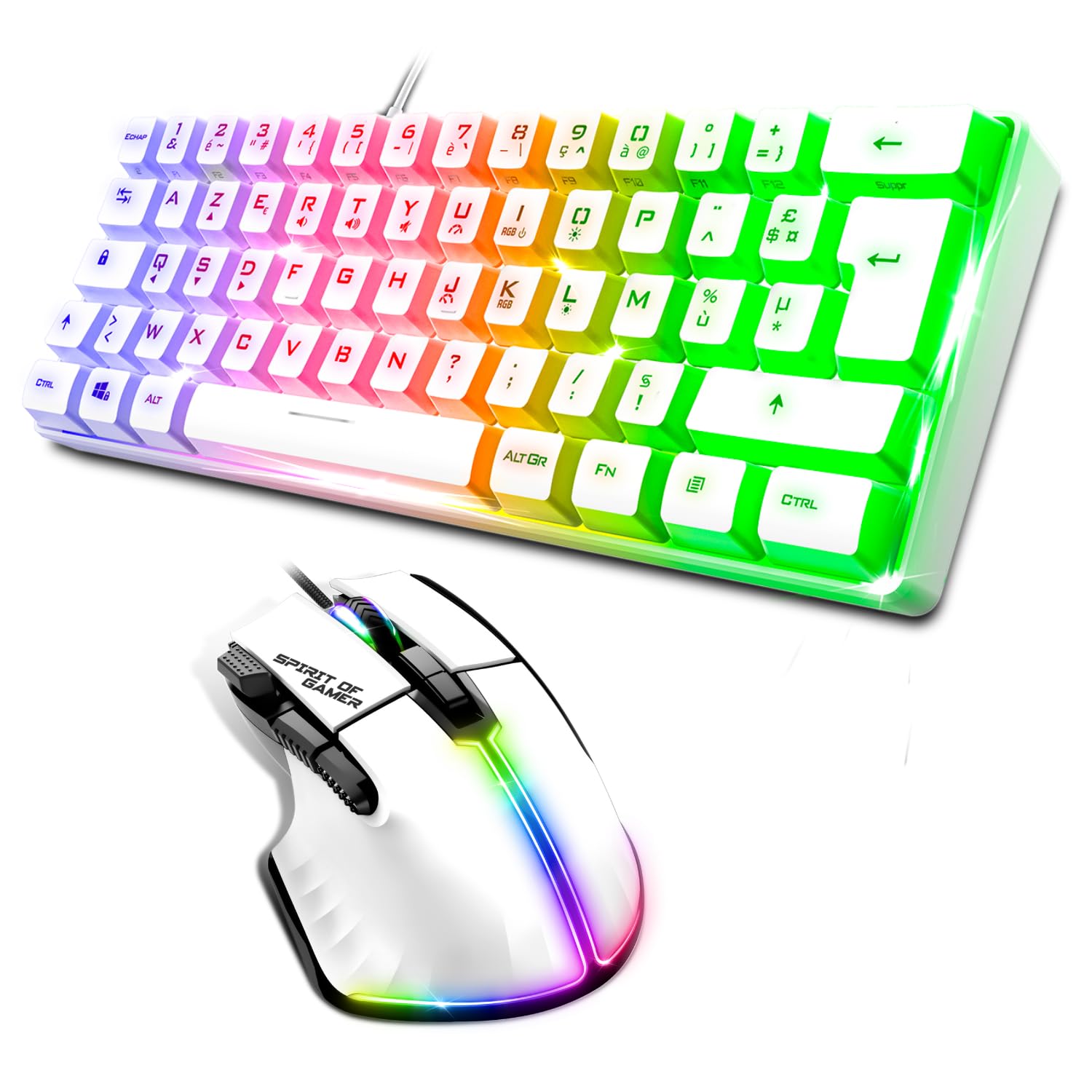 Spirit Of Gamer, Pack Clavier Souris Gamer Filaire RGB Blanc, Clavier Semi-Mecanique Format Compact TKL 60%, Souris Gaming 8 Boutons Programmables avec 13 Effets de Rétroéclairage