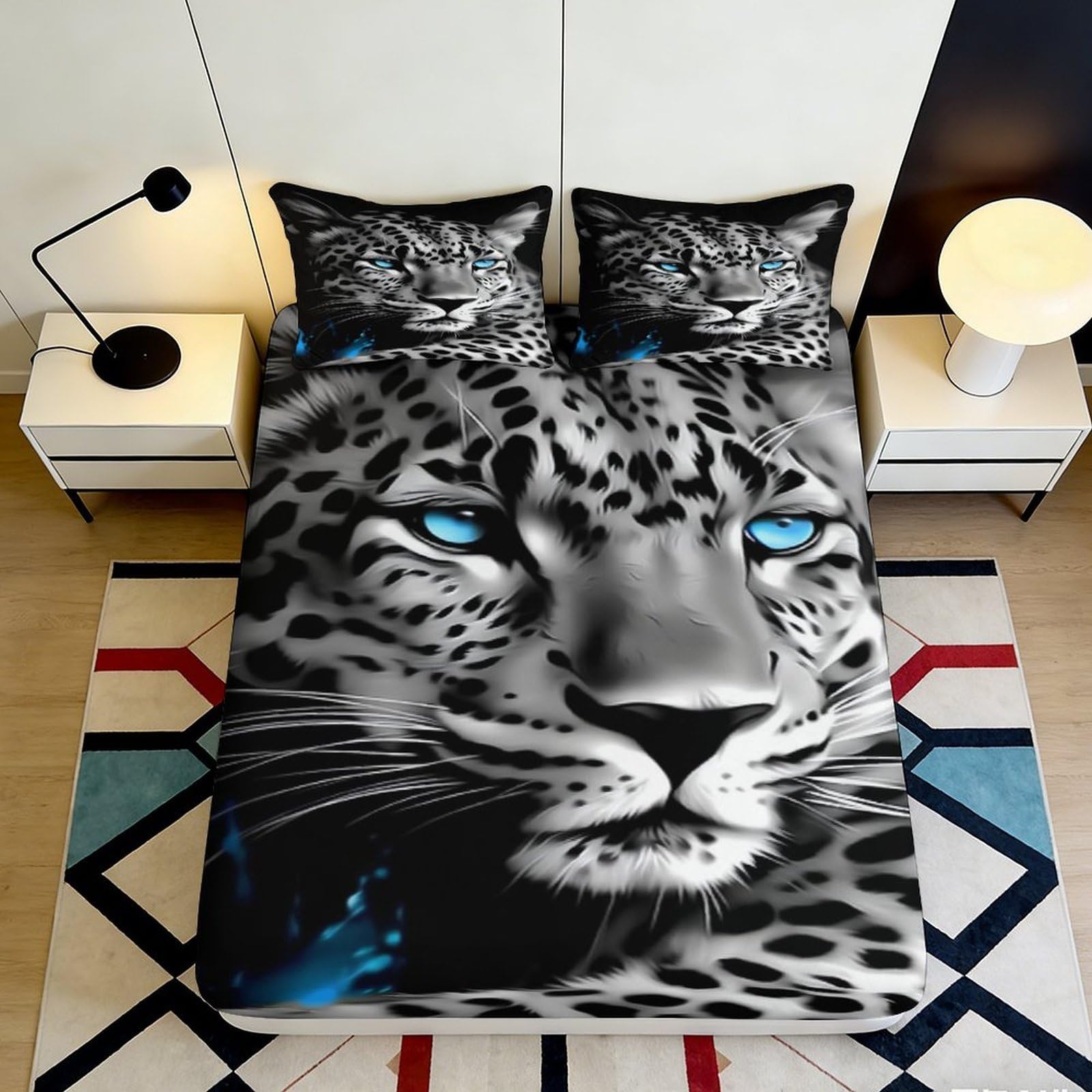 3D Printed Blue-Eyed Leopard Fitted Sheet Microfiber Soft Breathable Black White Leopard Mattress Cover for Bedroom Dormitory Guest Room Protection Decor 160x200x25cm