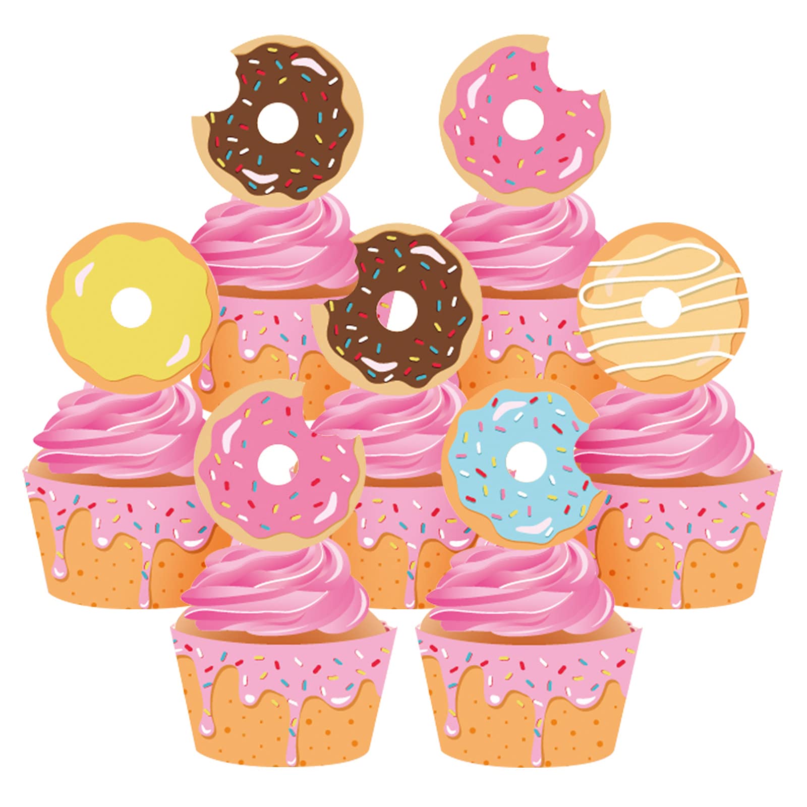 JOLLYSTYLE 40Ct Donut Party Cupcake Toppers and Wrappers - Donut Food Theme Party/Tea/Doughnut Birthday Party Supplies Donut Baby Shower Decorations Cake Decor