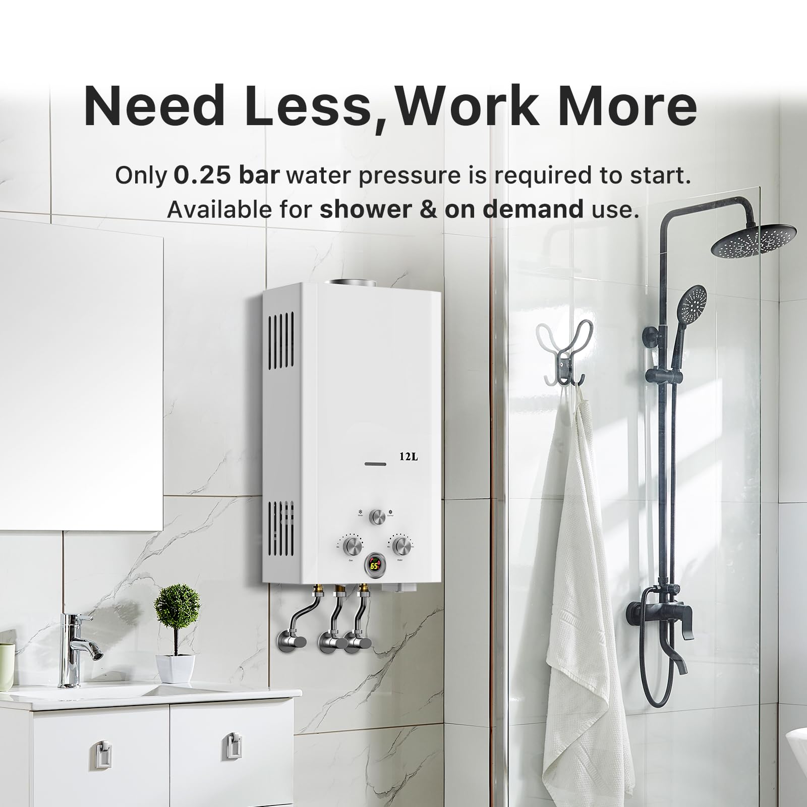 Xverycan 12 LPM Gas Durchlauferhitzer, 24 KW Propangas Durchlauferhitzer, Start ab 0,25 Bar Wasserdruck, Doppelzündung, Eco-Modus zur Gasersparnis, für Zuhause und Outdoor