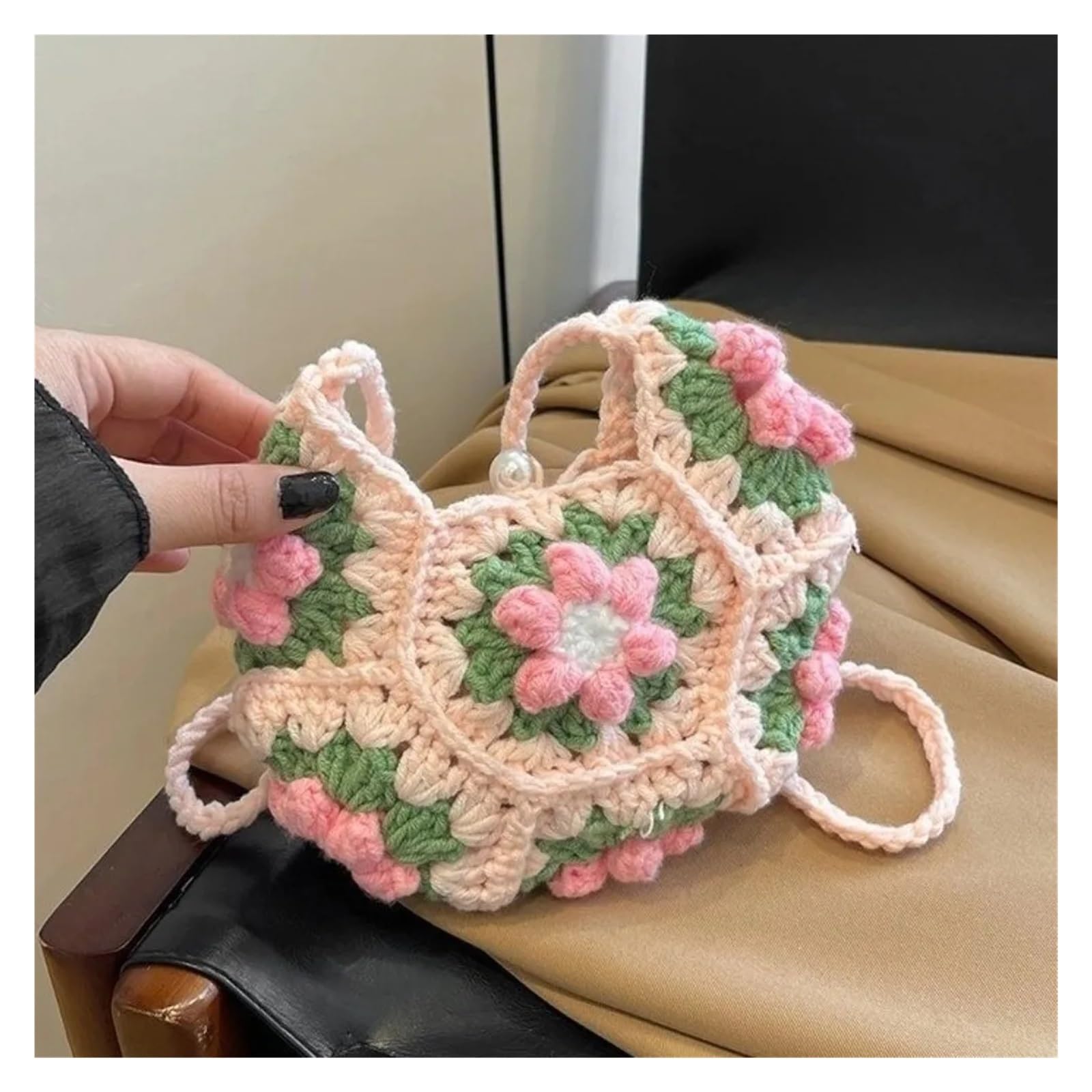 Bolso De Ganchillo Bolso bandolera de ganchillo hecho a mano, bonito, con estampado de flores, de hilo de tela, for hombro, de punto, for la axila.