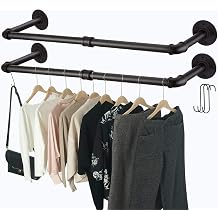 Industrial Pipe Clothes Rack with 3 S-Shaped Hooks, 36L Wall Mounted Garment Rack, Heavy Duty Iron Garment Bar, Clothes Hanging Rod Bar for Laundry Room, Max Load 135Lb Black 2 Package