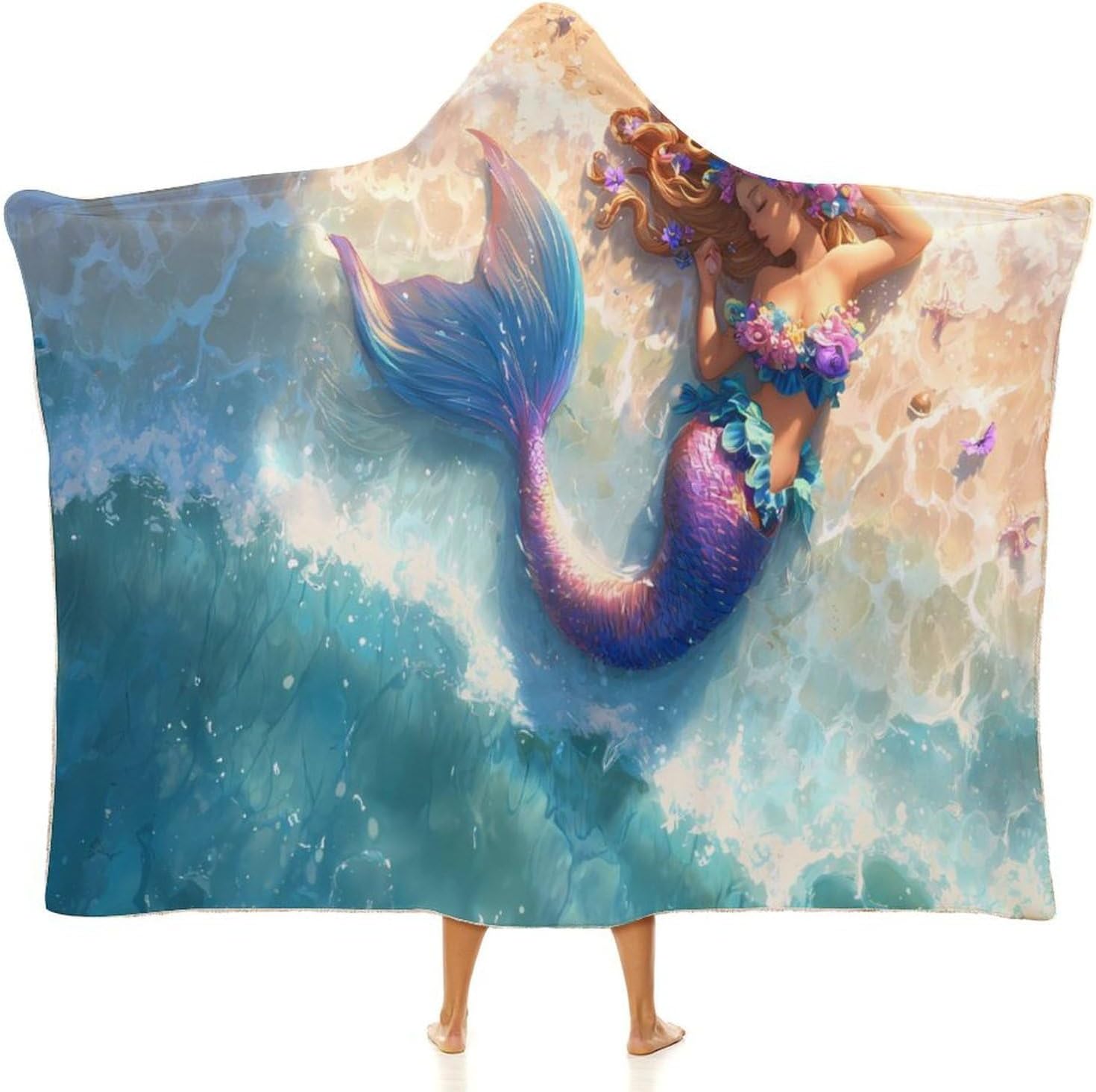 Mermaid Laying Beach Waves Wearable Blanket Hoodie | Flannel Fuzzy Machine Washable Home Camping Lounging