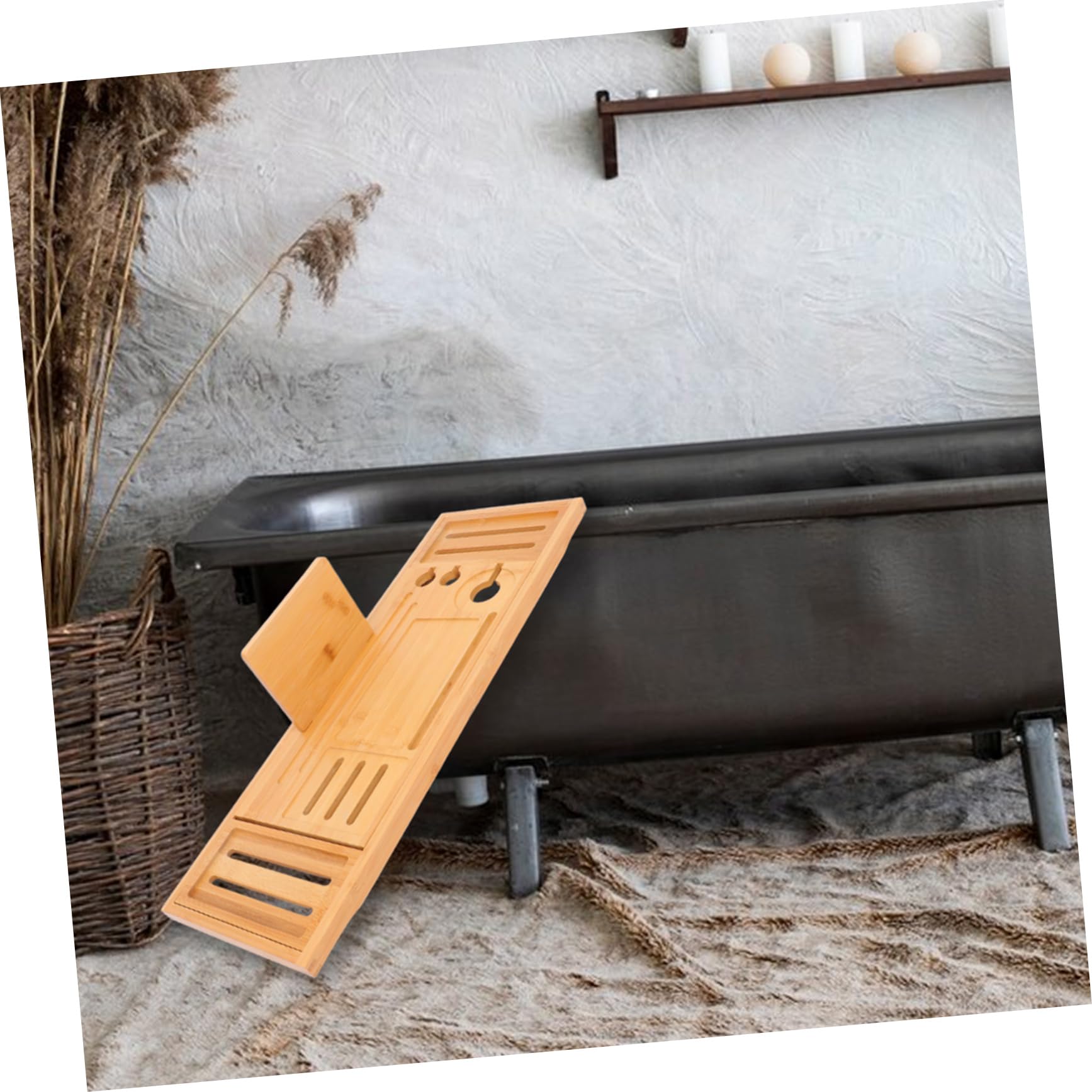 Vassoio da bagno espandibile in bambù – elegante antiscivolo per accessori da vasca da bagno, conservazione sicura per sapone, shampoo e prodotti essenziali per il lavaggio, perfetto per rilassarsi in