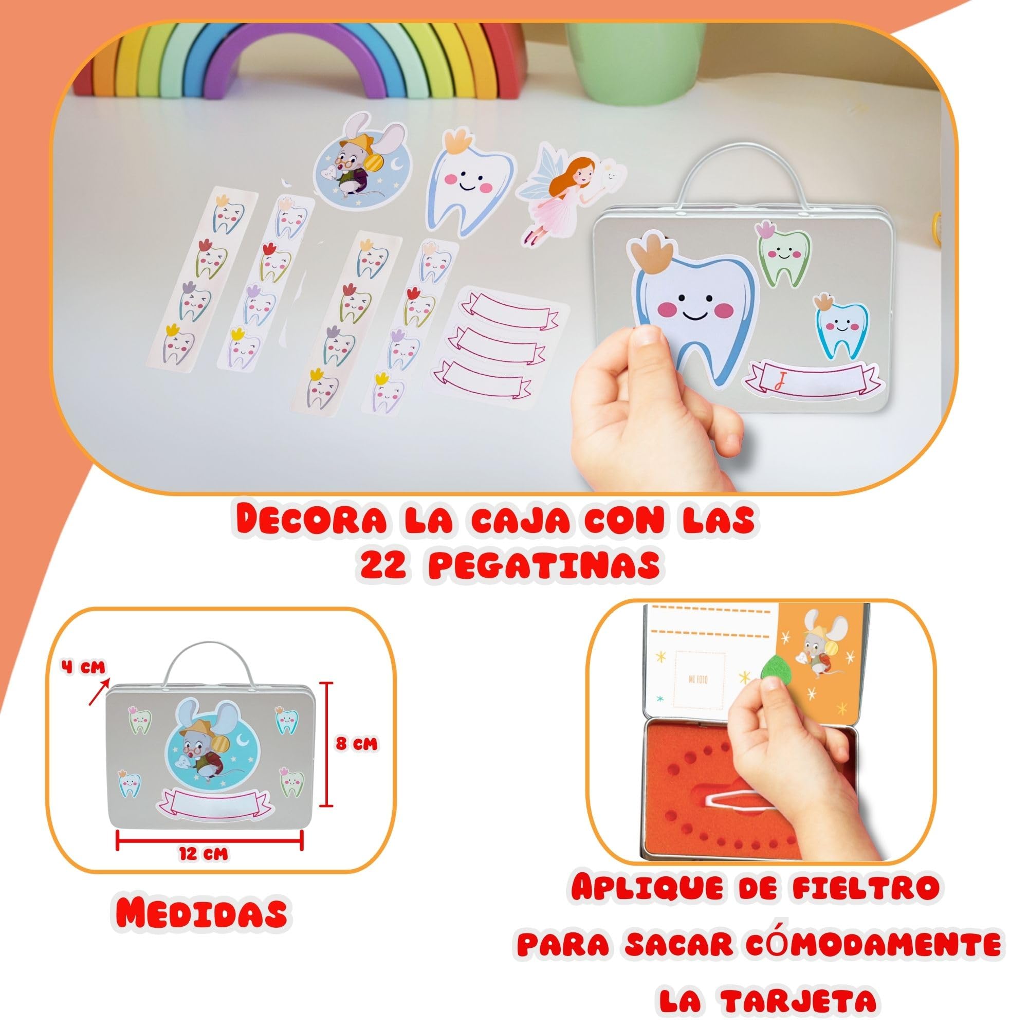 Caja dientes de leche niño - Regalo ratoncito Pérez niño y niña - Pegatinas ratón Pérez y hada de los dientes - Regalos ratón Pérez