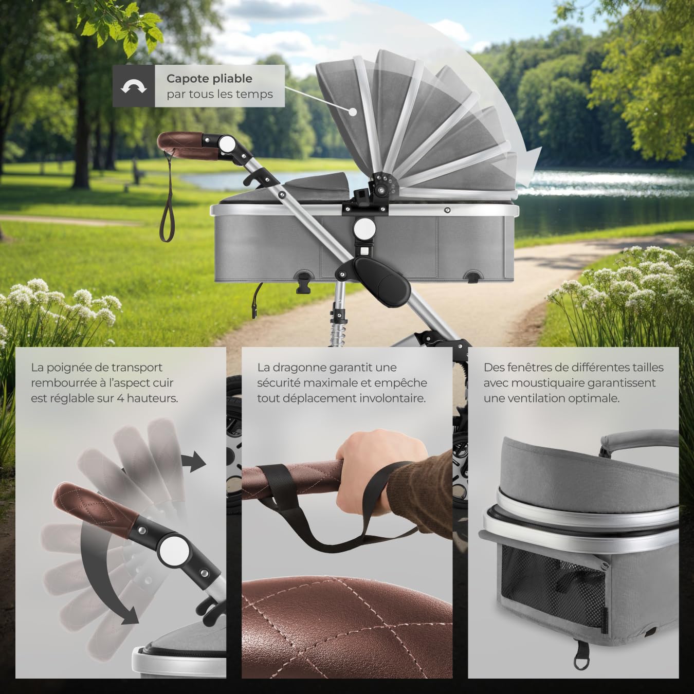 Tectake Poussette combinée pliable 0-36 mois nacelle siège sport harnais 5 points compacte voyage