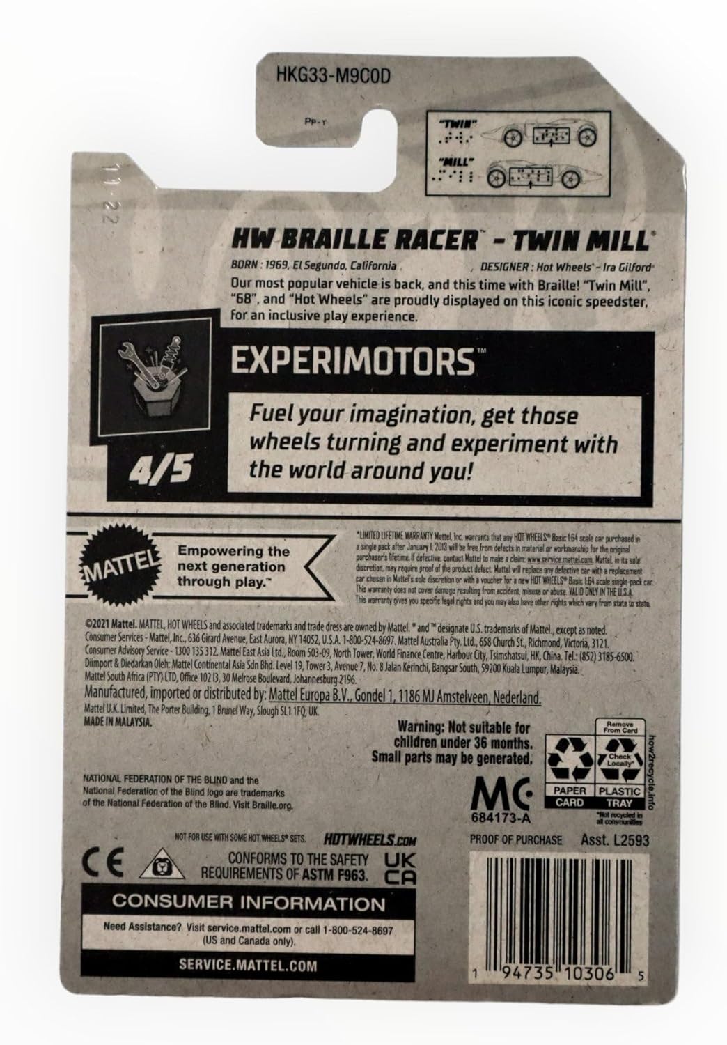 Hot Wheels HW Braille Racer Twin Mill in its original packaging, showing the Braille dots.