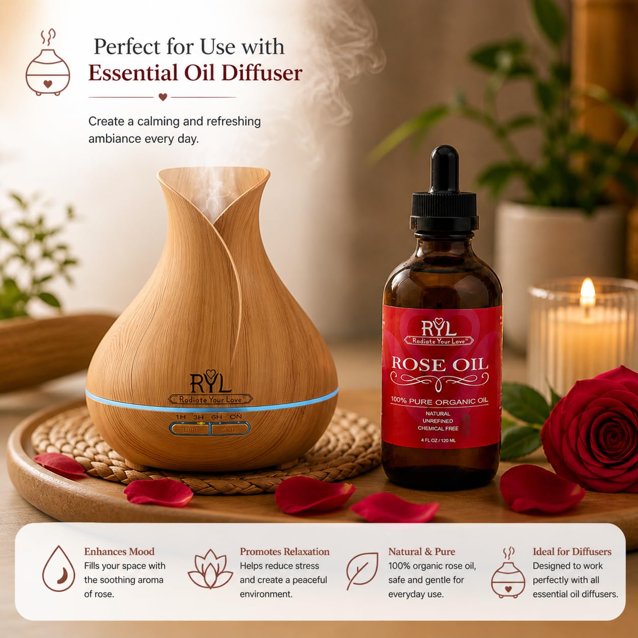Aceite esencial de rosa 100% puro de grado terapéutico orgánico para aromaterapia, relajación, terapia de la piel, perfumes y difusores