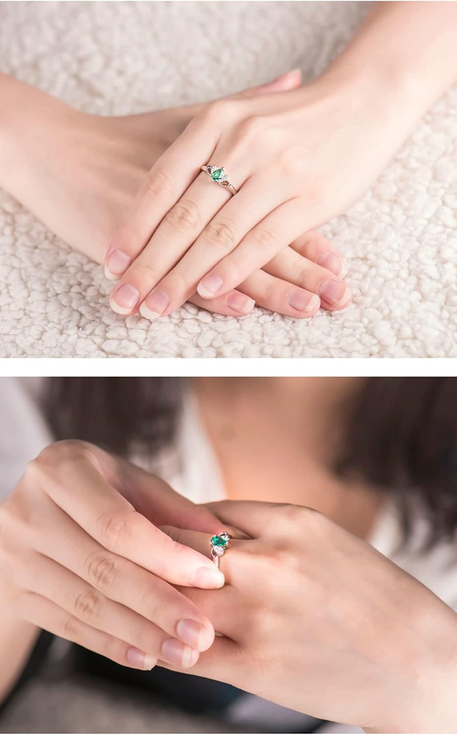 18K White Gold Rings 0.35ct Pear Shape Emerald with 0.06ct Diamond Wedding Band for Girls