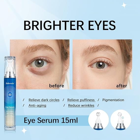 5% Caffeine Eye Serum with 360 Massage Roller Serum for Dark Circles & Relieve Puffiness, Reduce Wrinkles and Fine Lines, Bags, Tighten Lifting Under Eye Cream-0.5 OZ