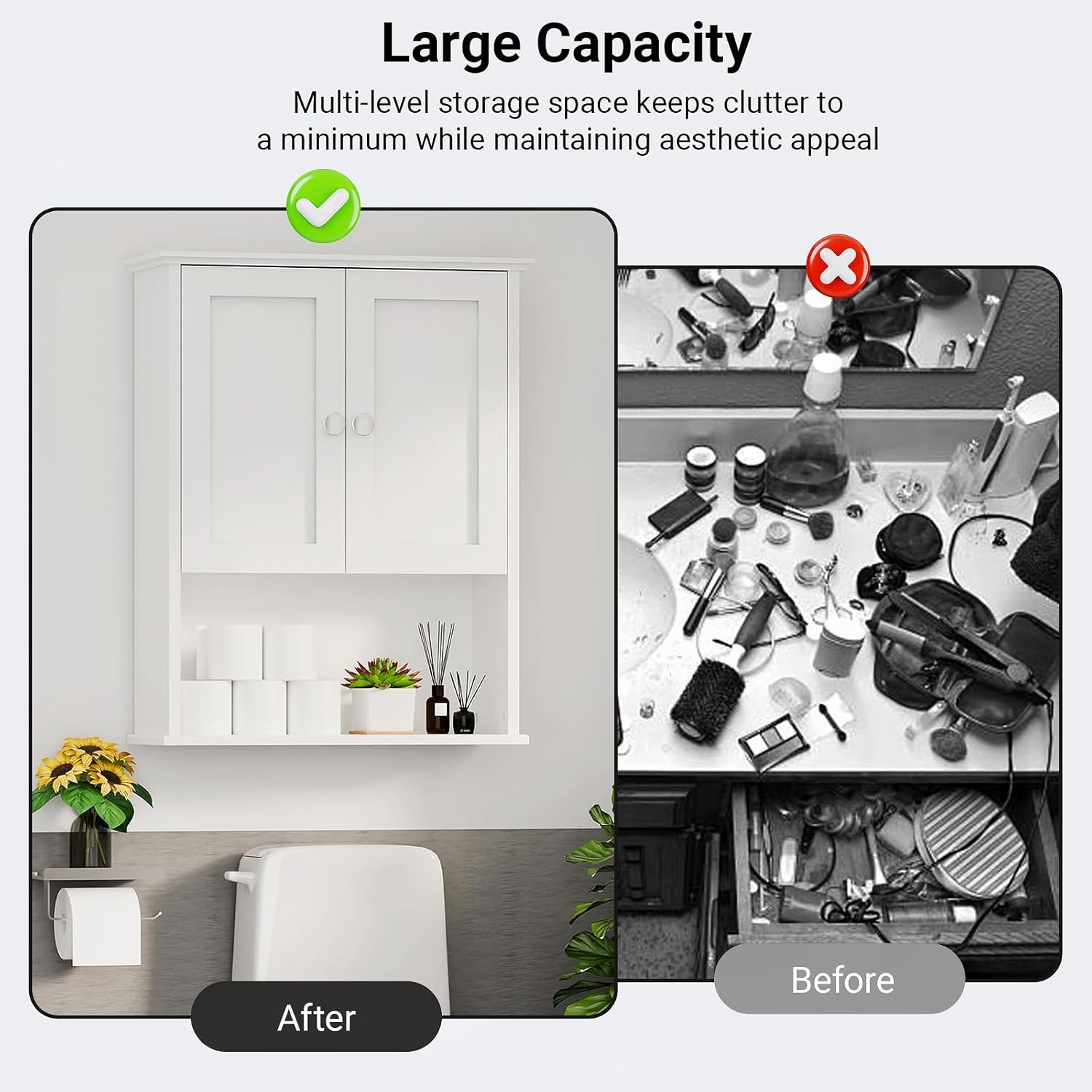 Over The Toilet Storage Cabinet - Wall Mounted Bathroom Cabinet with Fixed Shelves, Easy Assembly, Sturdy Frame, Waterproof Painted & Moisture-Resistant Surface, Space-Saving Storage, White