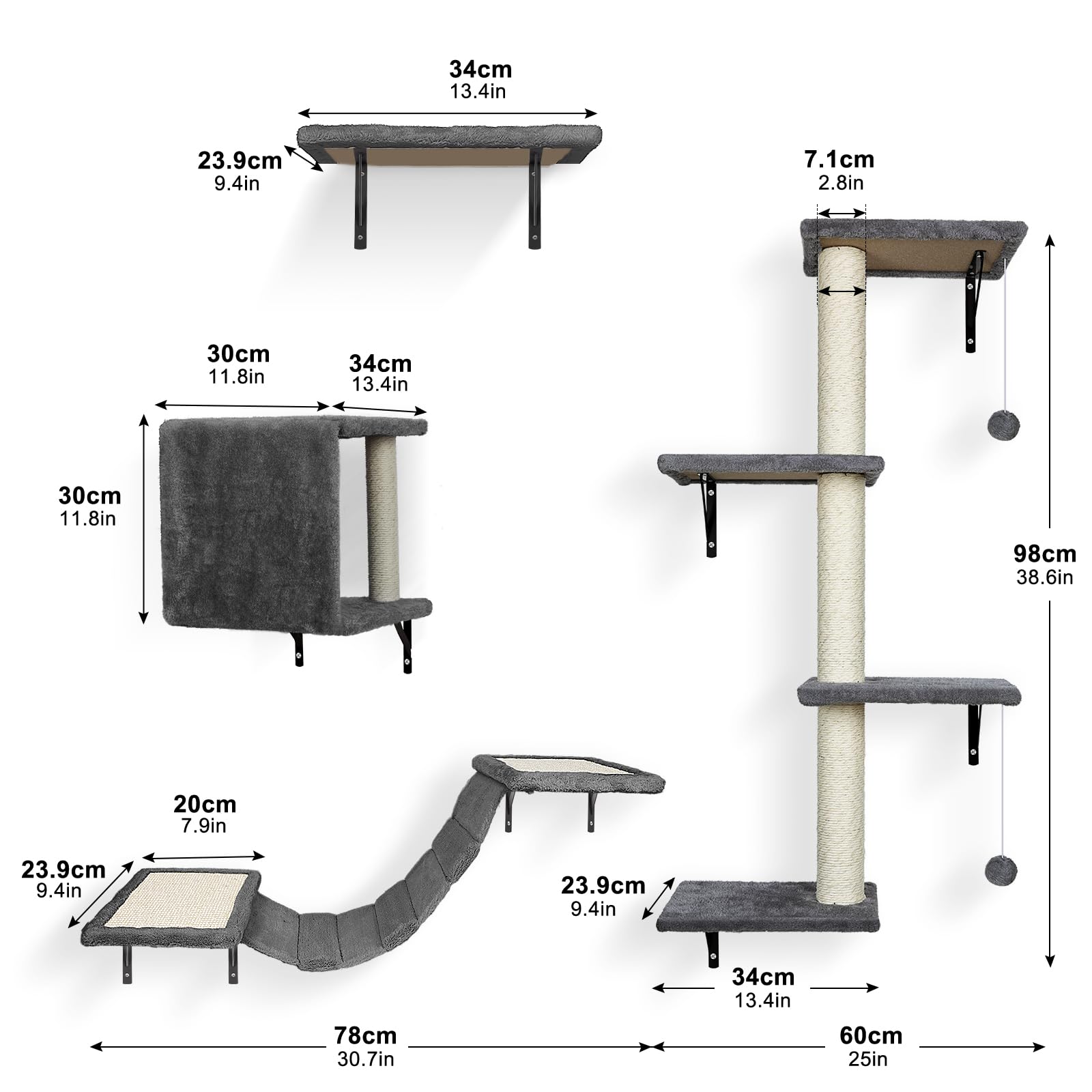 Masthome Étagère Murale pour Chat, Mur d'escalade pour avec Balle, 4 pièces Meubles Muraux pour Chat,Stable pour D'intérieur Jusqu'à 10 kg (Gris)