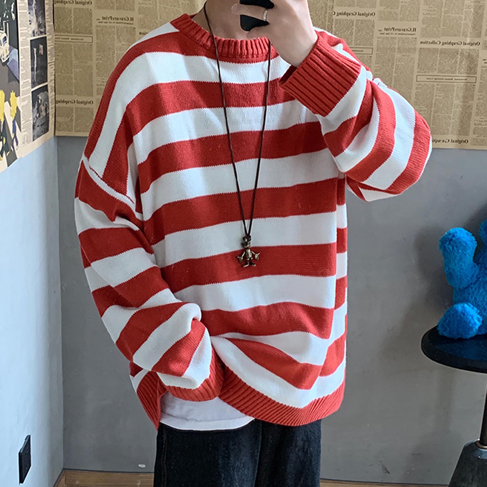GAOJU Herren Gestreifter Pullover Herbst Winter Pullover Gestreiften Strickpullover Lässiger Langarm Patchwork Pullover Schlanker Sportswear Pullover Allgleiches
