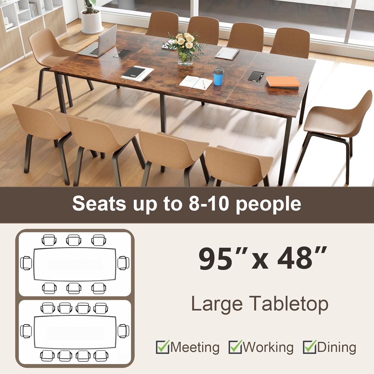 GOFLAME 8 FT Conference Room Table, Large Meeting Desk Seats up to 10 People, 2 Cable Grommets, Rectangle Seminar, Business Table, Training for Office, Boardroom, Rustic Brown + Black