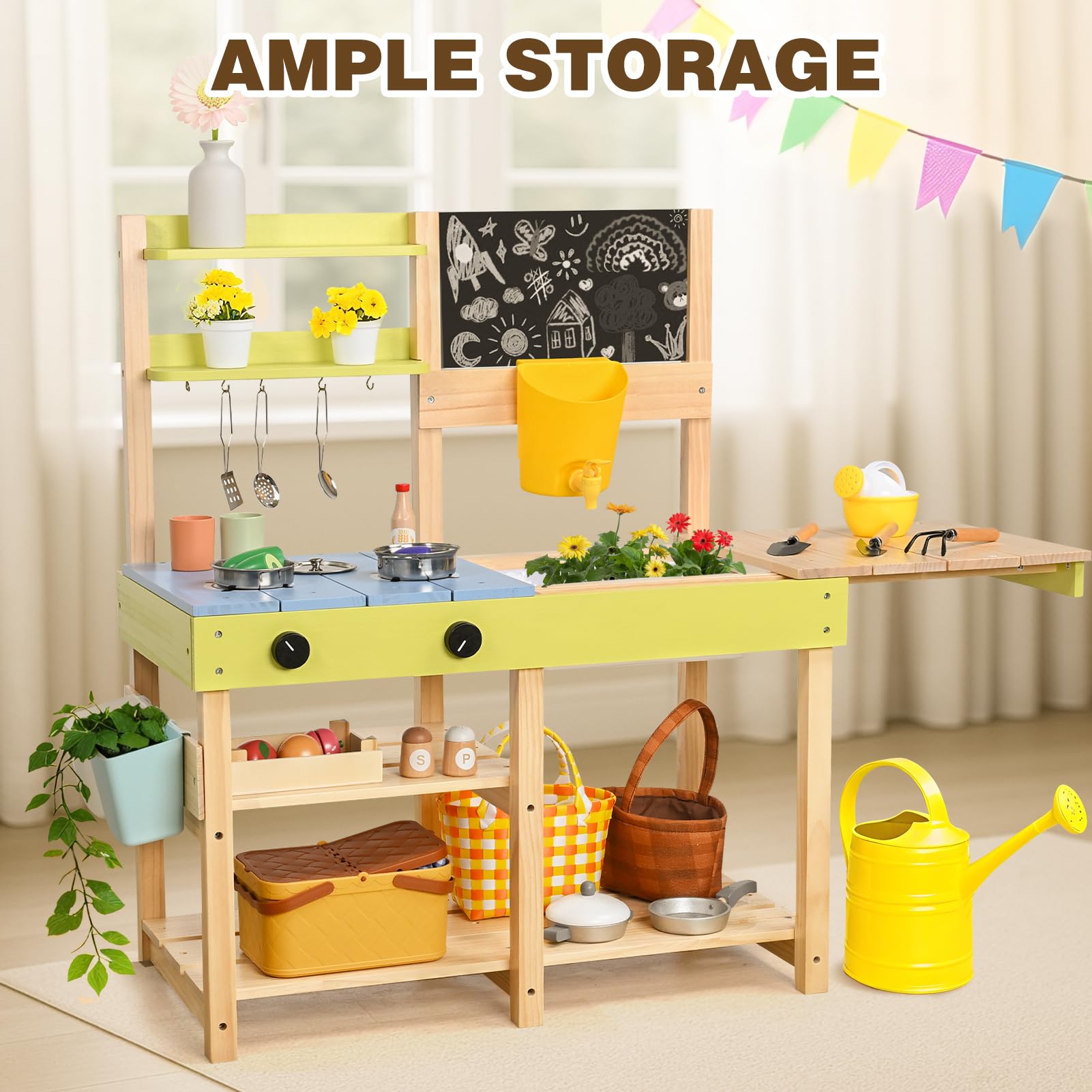 Dreamon Cocina de barro para niños al aire libre, juego de cocina de madera con fregadero extraíble, pizarra de tiza, juguete de jardín y accesorios de cocina de acero inoxidable, accesorios de cocina