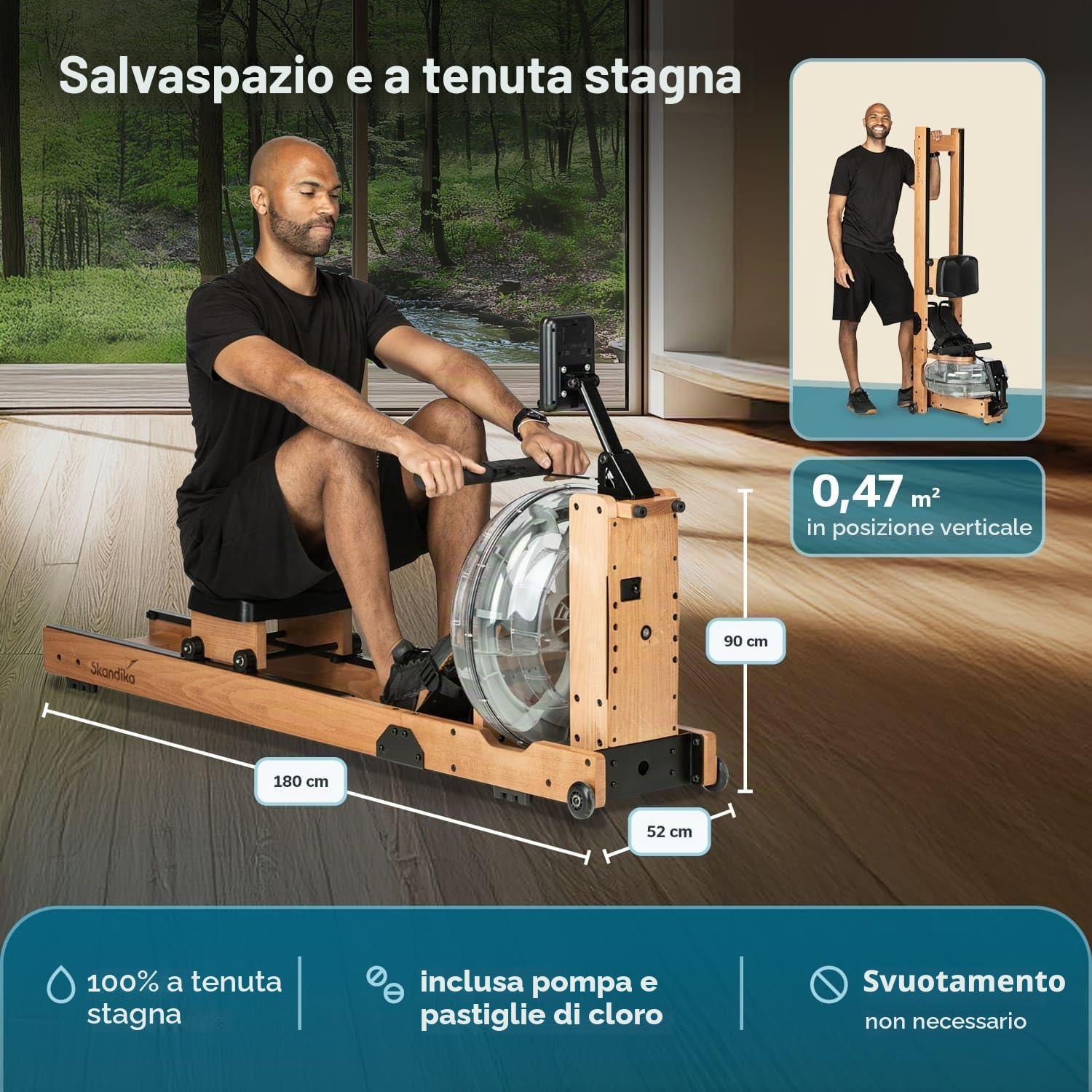 Skandika Vogatore ad acqua Lykke: serbatoio a 90°, vogatore in legno massiccio di faggio per la casa, compatibile con l'app Kinomap