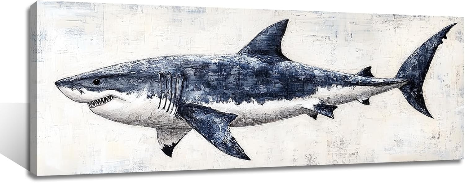 TIEHAOMAI Blue Shark Canvas Wall Art Premium Shark Pictures Nautical Marine Life Prints for Bedroom Decor（Fish-6,24x48inch (40x120cm)