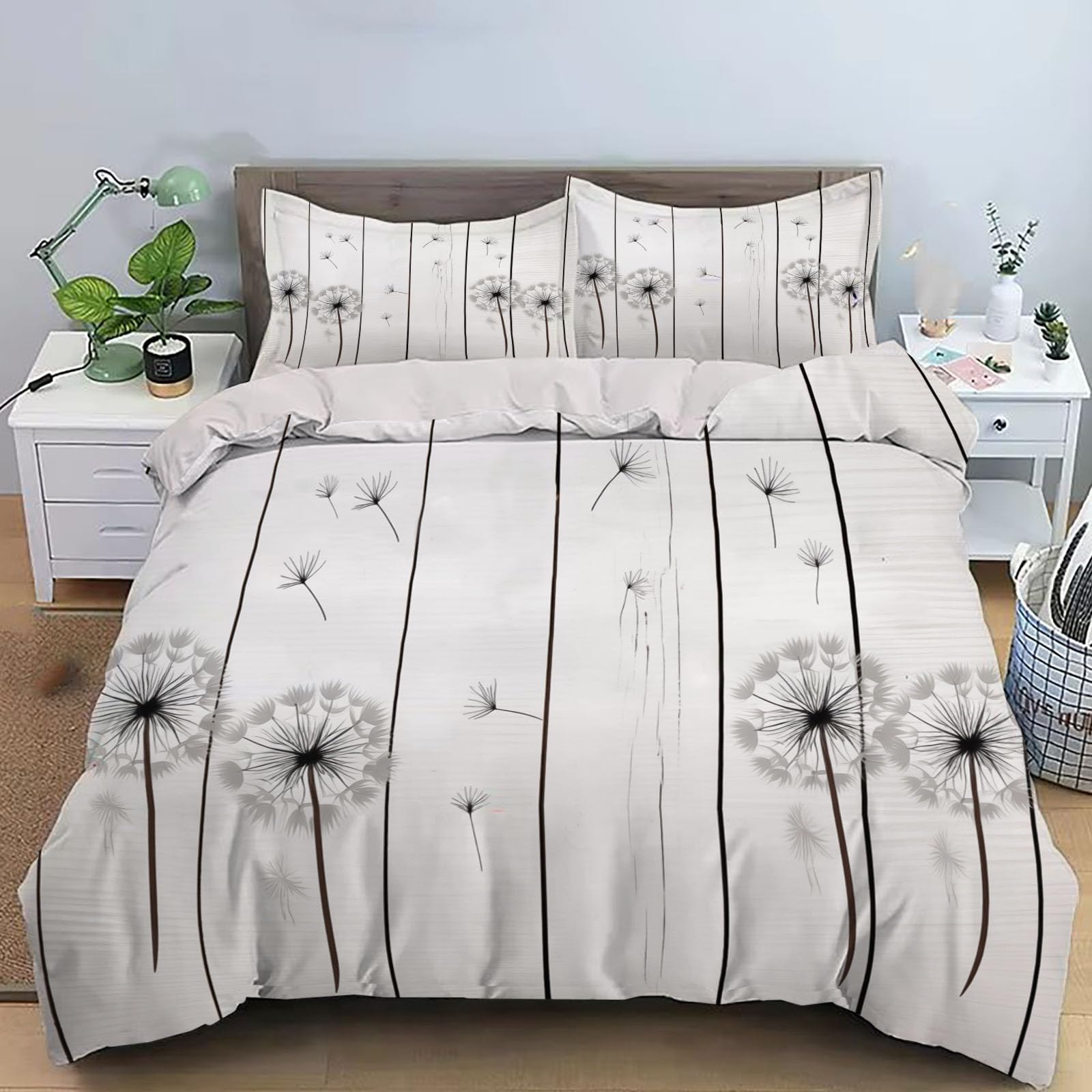 Housse de couette 220x240 gris à rayures pissenlit avec ses deux taies d'oreiller 65x65