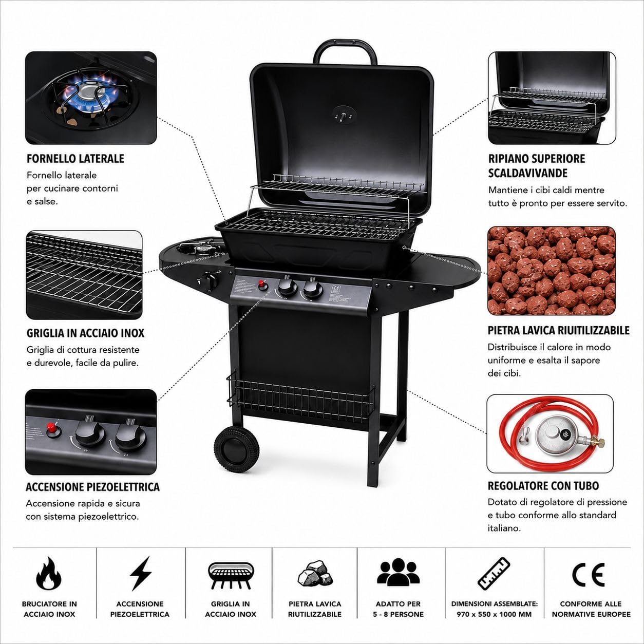 Barbecue a Gas 2 Bruciatori con Fornello Laterale – Griglia Rimovibile, Ripiani Laterali, Carrello con Ruote – BBQ da Giardino per Esterno, Compatto e Facile da Trasportare
