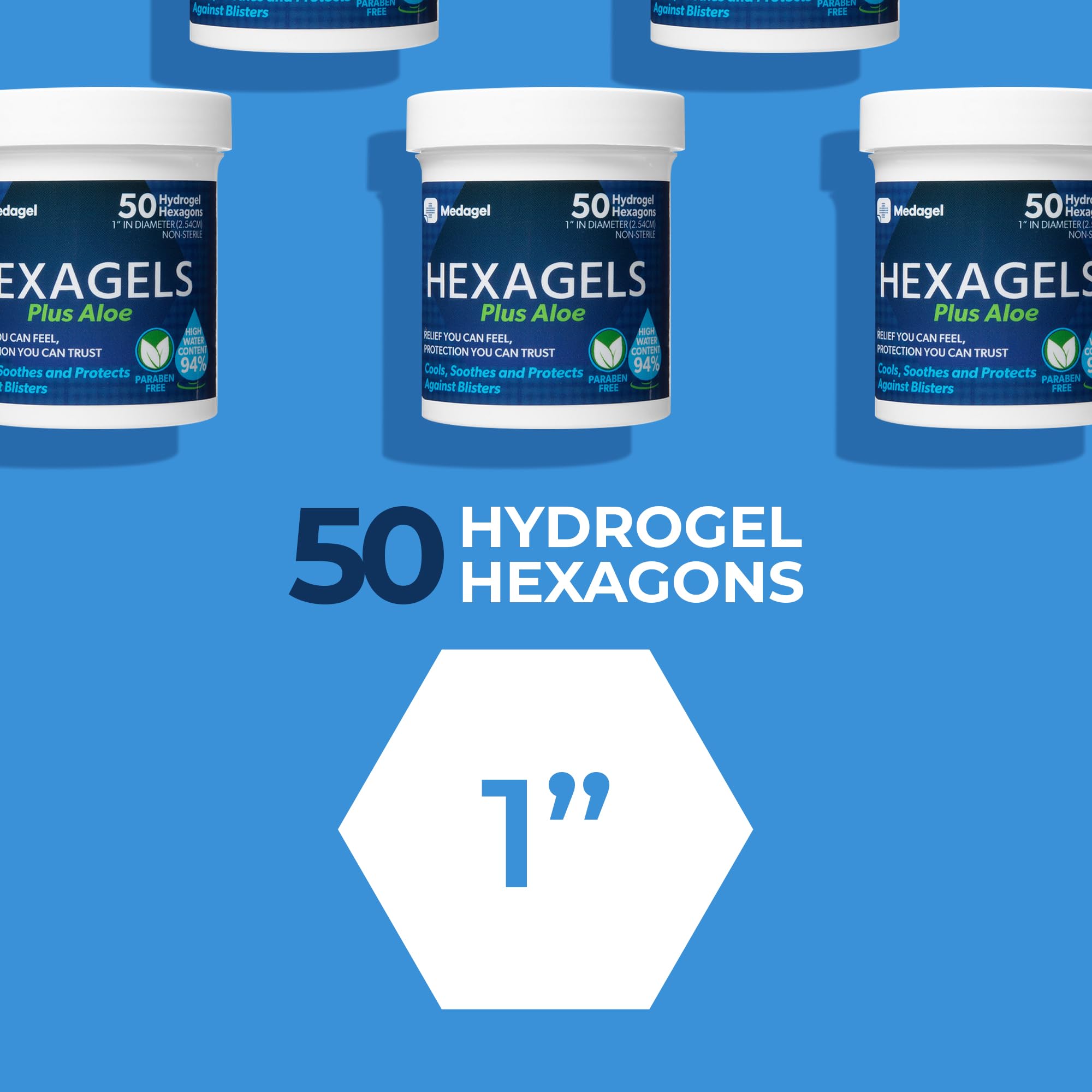 Medagel Hexagels Plus Aloe Vera - Advanced Healing Hydrogel Pads for Blister Prevention & Soothing Burn Care - Foot, Heel, Toe, & Ankle Protection, Pack of 50, 1-Inch Patches, Paraben Free Formula — Amazon image 6